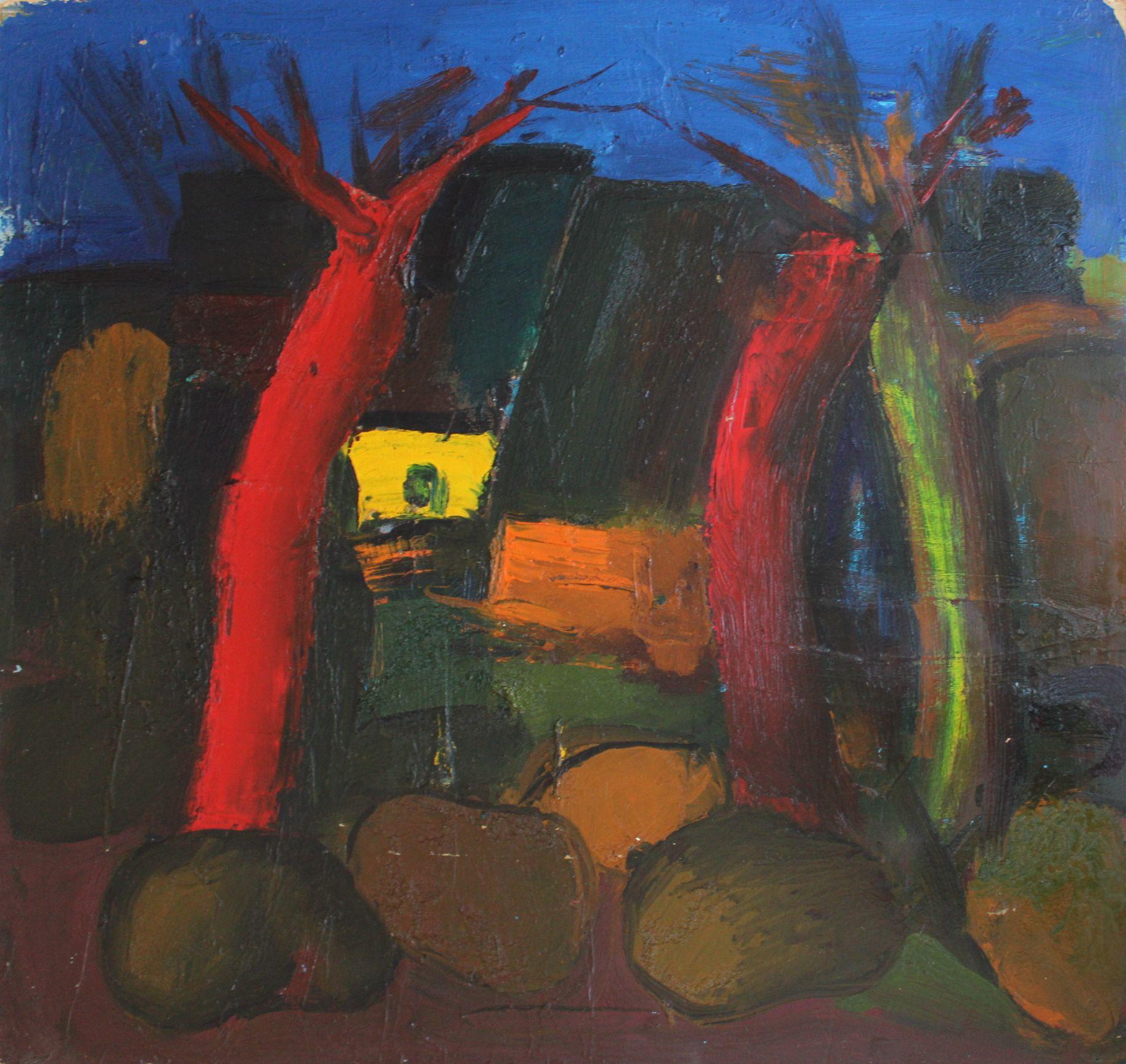 Paesaggio con alberi rossi  cartone/olio, 67x72 cm - Painting di Aleksandr Rodin (1922-2001)