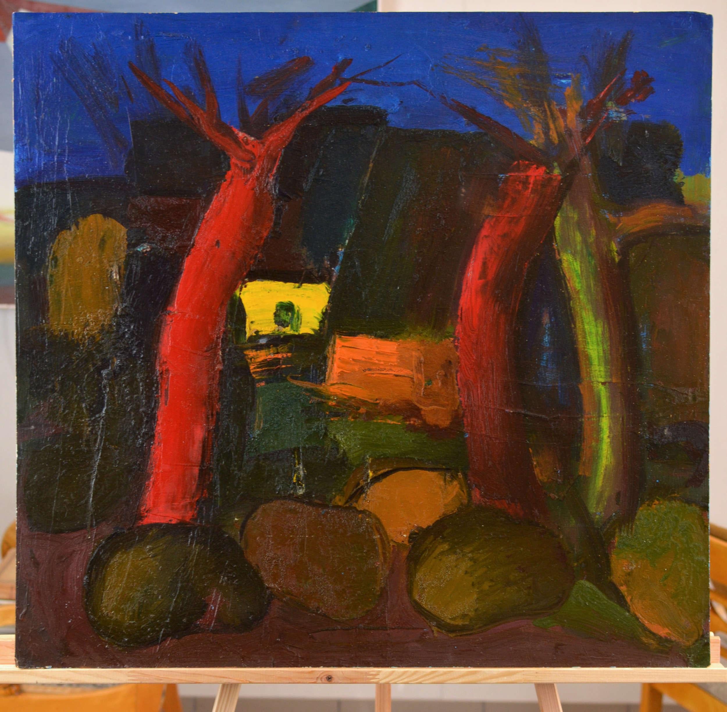 Landschaft mit roten Bäumen  Karton/Öl, 67x72 cm – Painting von Aleksandr Rodin (1922-2001)