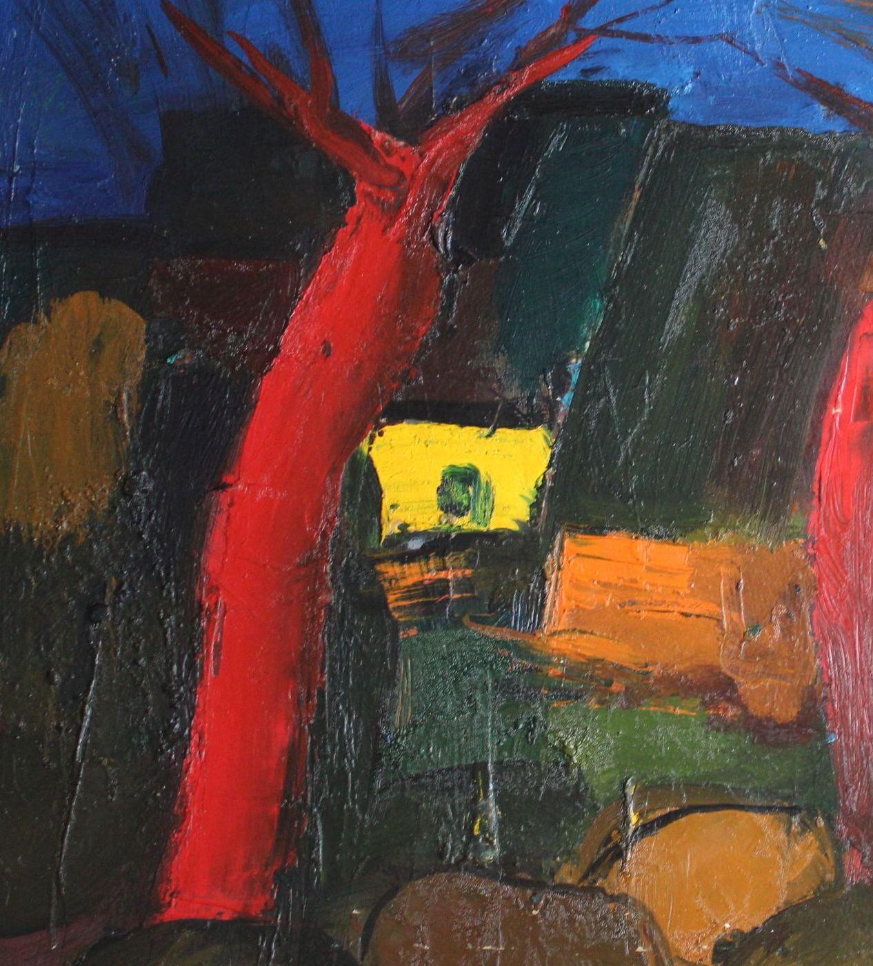 Paesaggio con alberi rossi  cartone/olio, 67x72 cm - Painting Espressionismo astratto di Aleksandr Rodin (1922-2001)