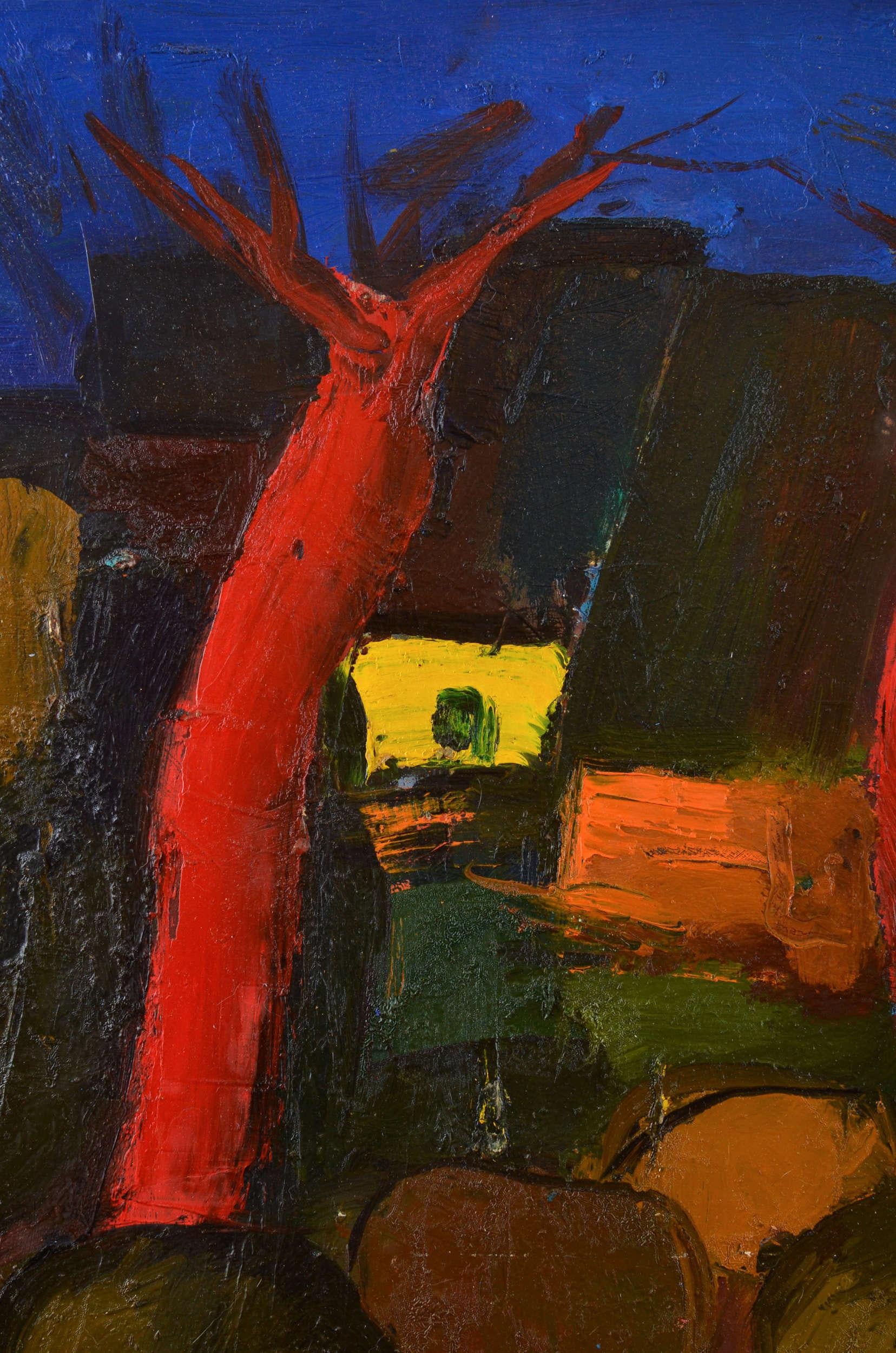 Landschaft mit roten Bäumen  Karton/Öl, 67x72 cm (Abstrakter Expressionismus), Painting, von Aleksandr Rodin (1922-2001)