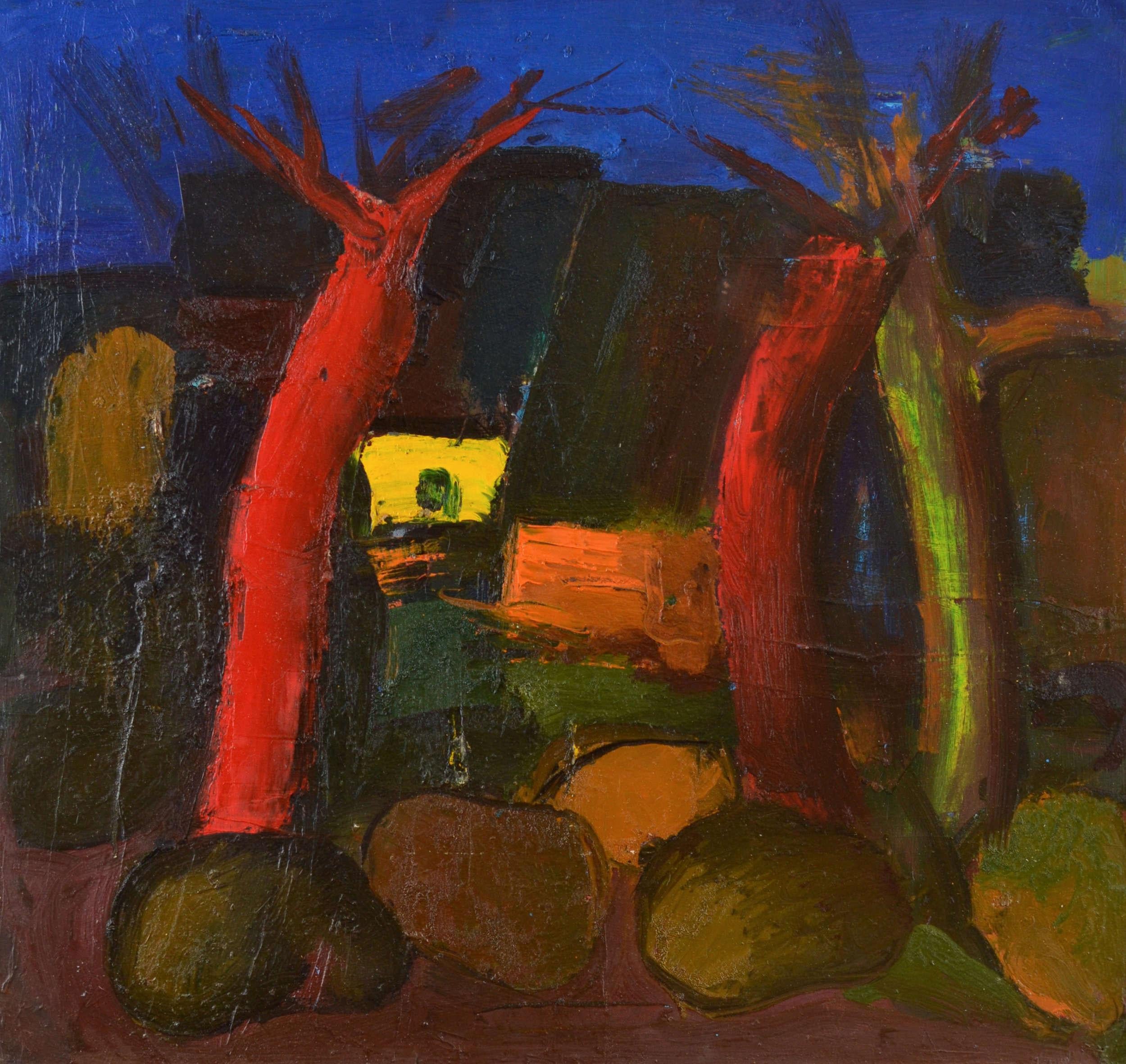 Landschaft mit roten Bäumen  Karton/Öl, 67x72 cm