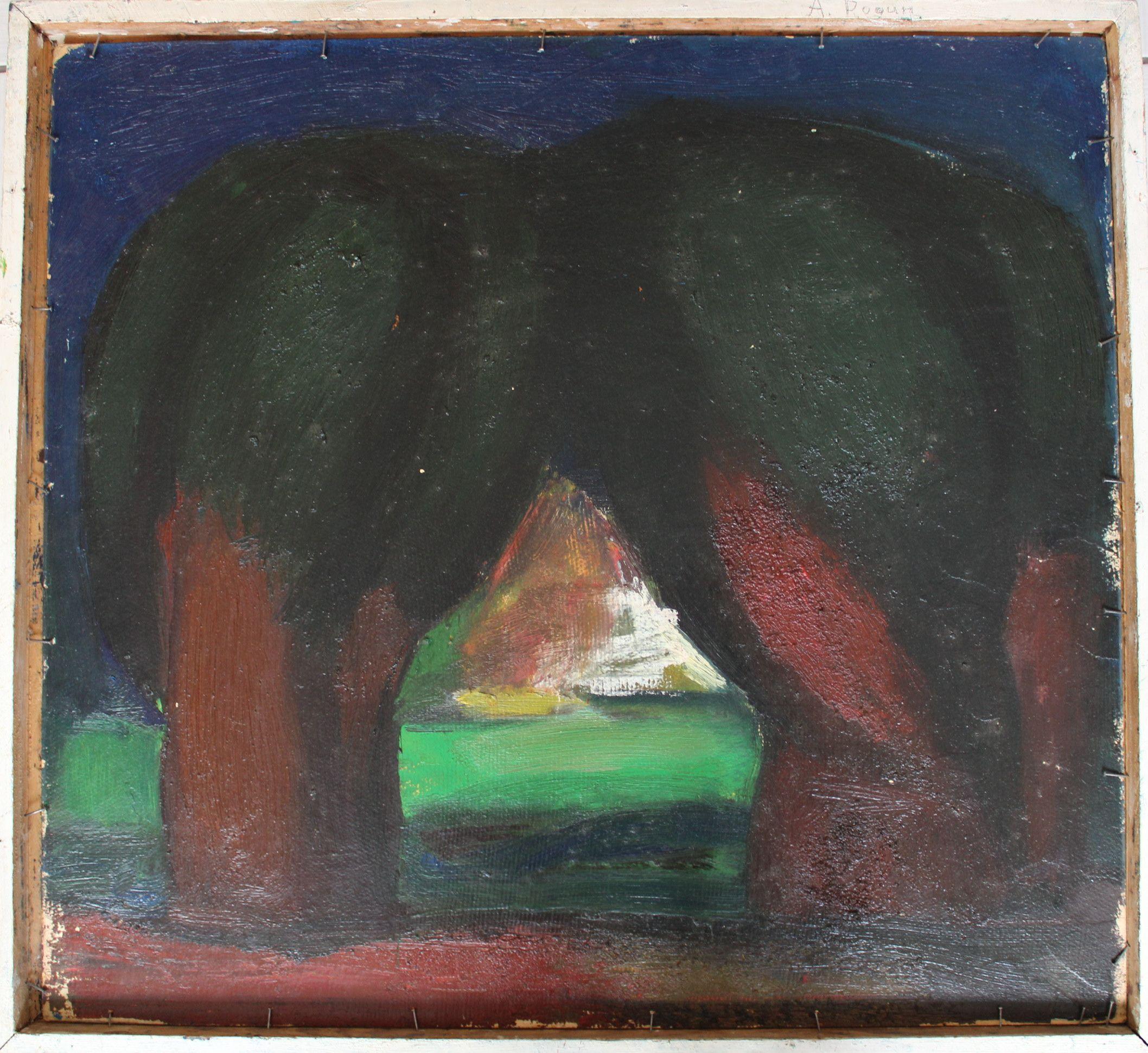Landschaft mit Fluss. 1984, Öl auf Karton, 65x70 cm (Abstrakter Expressionismus), Painting, von Aleksandr Rodin (1922-2001)