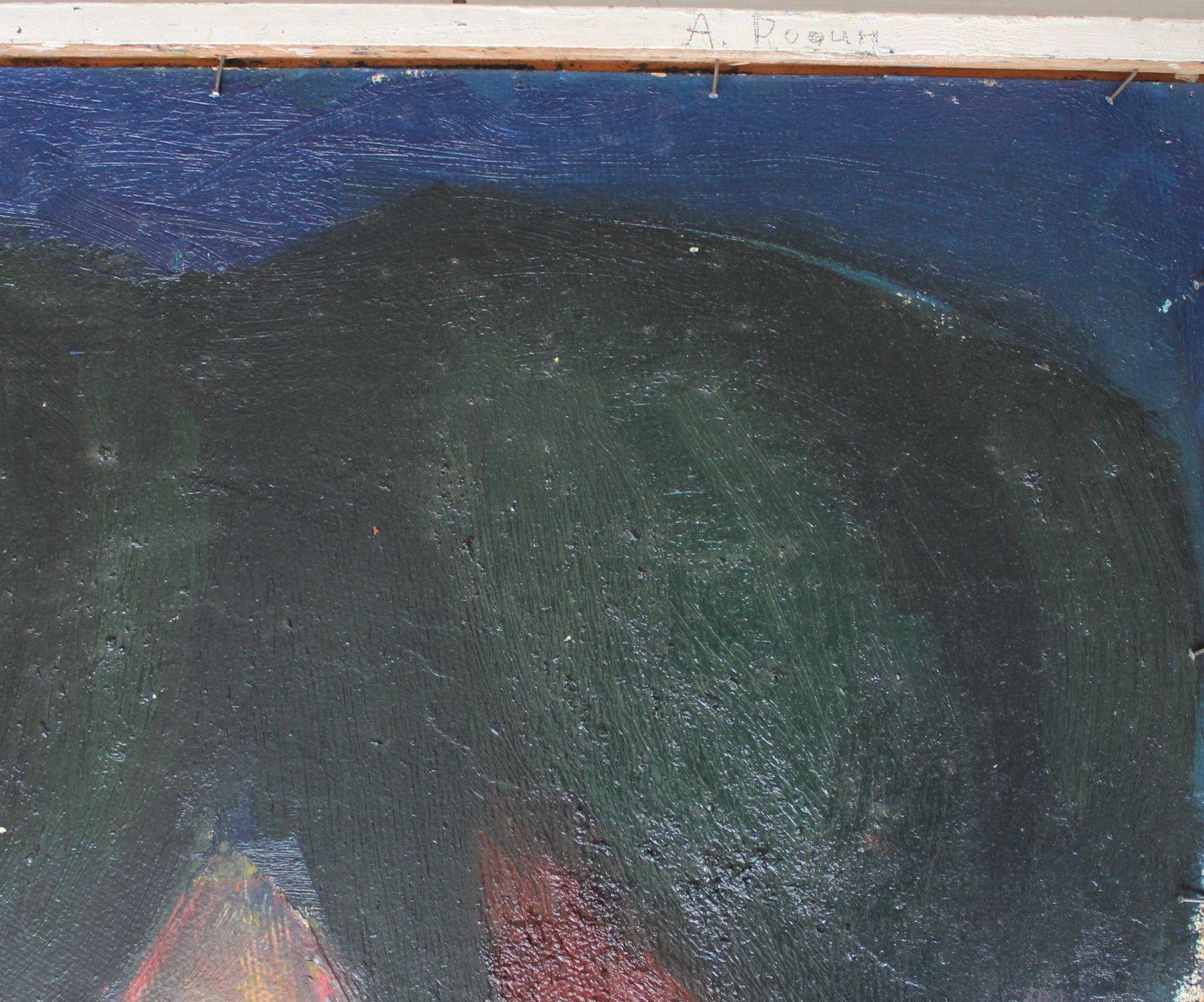 Landschaft mit Fluss. 1984, Öl auf Karton, 65x70 cm (Schwarz), Still-Life Painting, von Aleksandr Rodin (1922-2001)