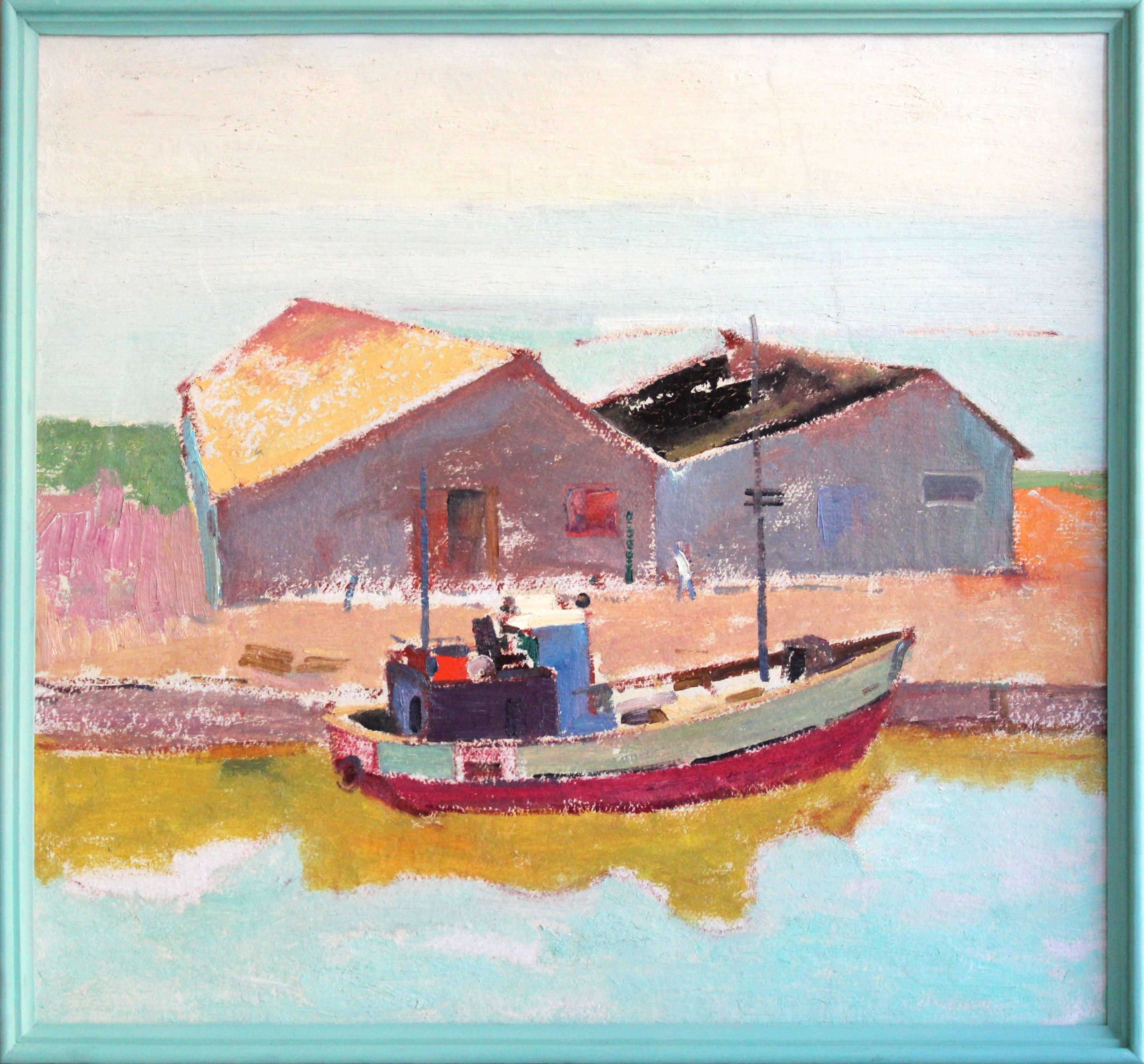 Morning mood in a fishing village. Oil on cardboard, 64 x 68. 5 cm - Abstract Expressionist Painting by Aleksandr Rodin (1922-2001)