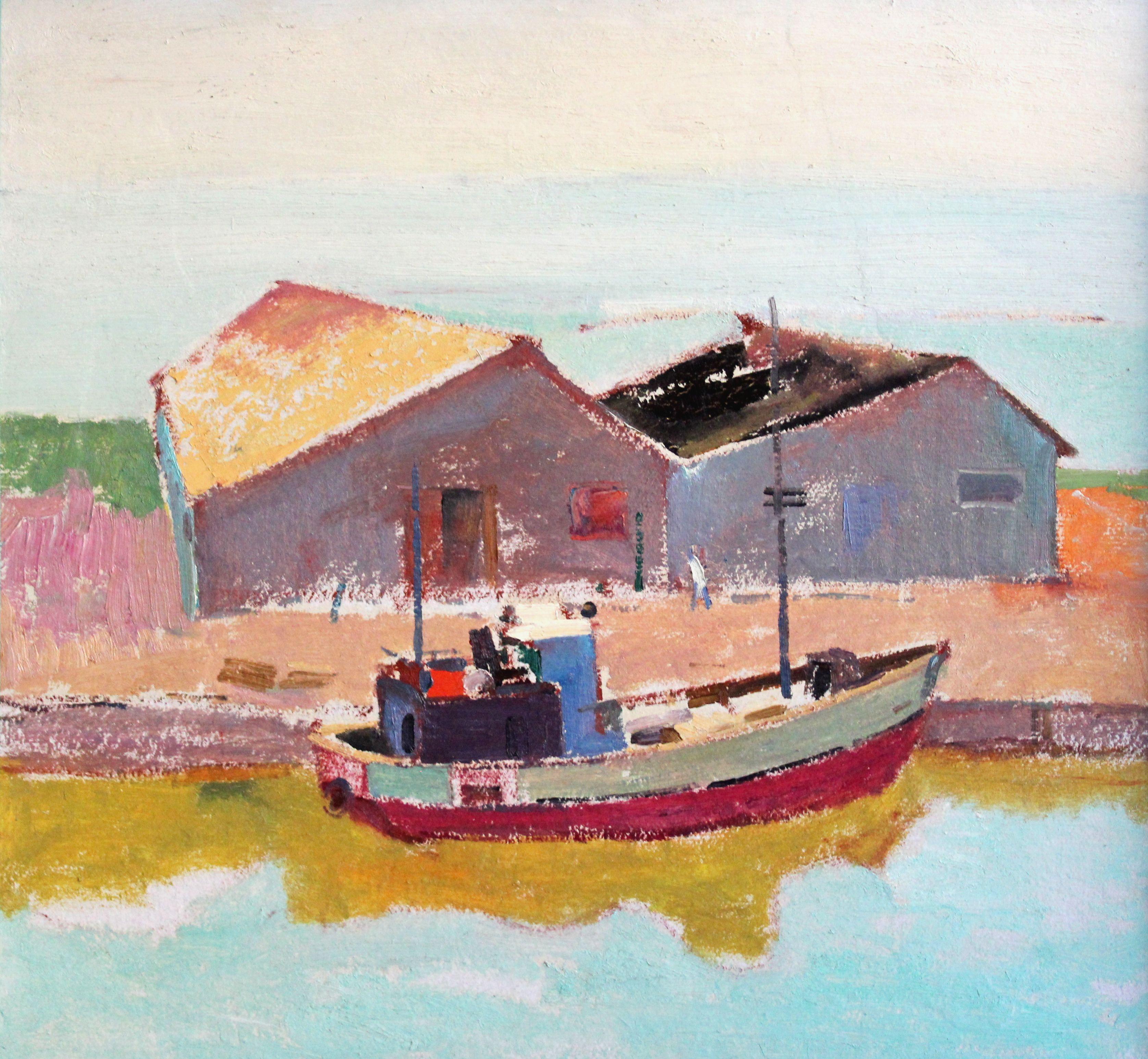 Morning mood in a fishing village. Oil on cardboard, 64 x 68. 5 cm - Painting by Aleksandr Rodin (1922-2001)