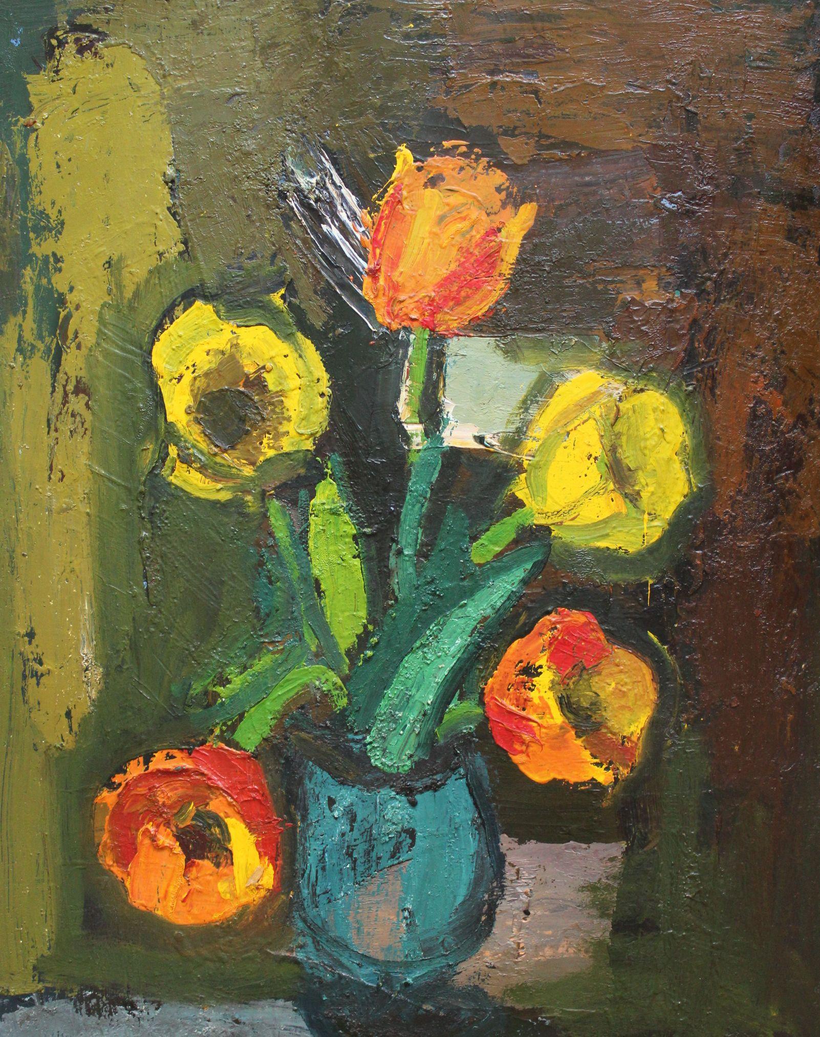 Naturaleza muerta con flores  cartón/aceite, 70x49 cm - Painting de Aleksandr Rodin (1922-2001)