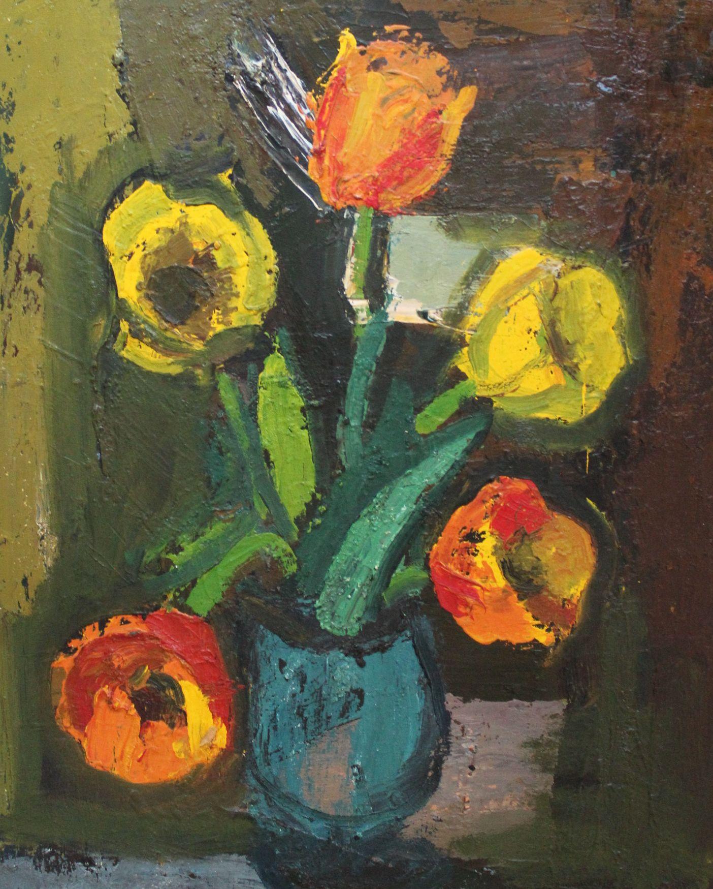 Naturaleza muerta con flores  cartón/aceite, 70x49 cm - Painting Expresionismo abstracto de Aleksandr Rodin (1922-2001)