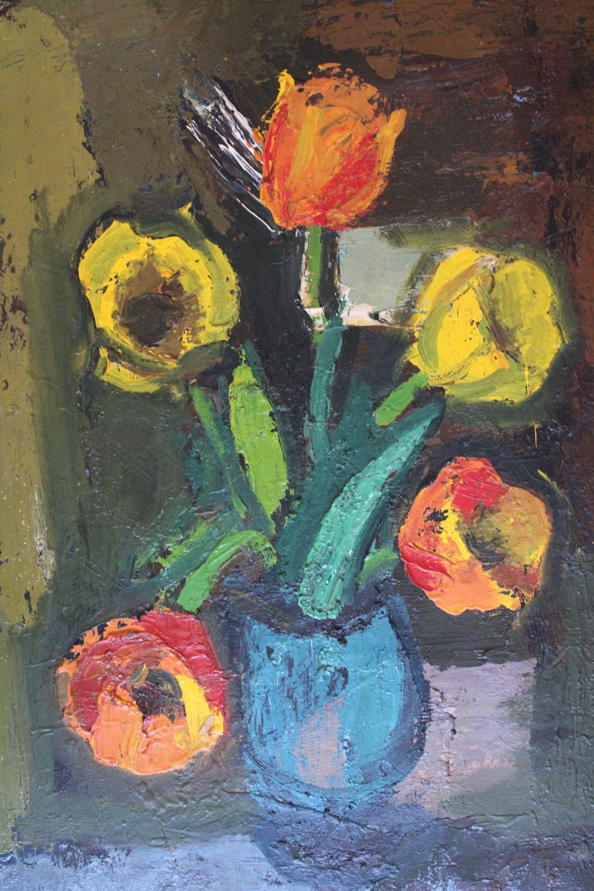 Naturaleza muerta con flores  cartón/aceite, 70x49 cm - Abstract Painting Negro de Aleksandr Rodin (1922-2001)