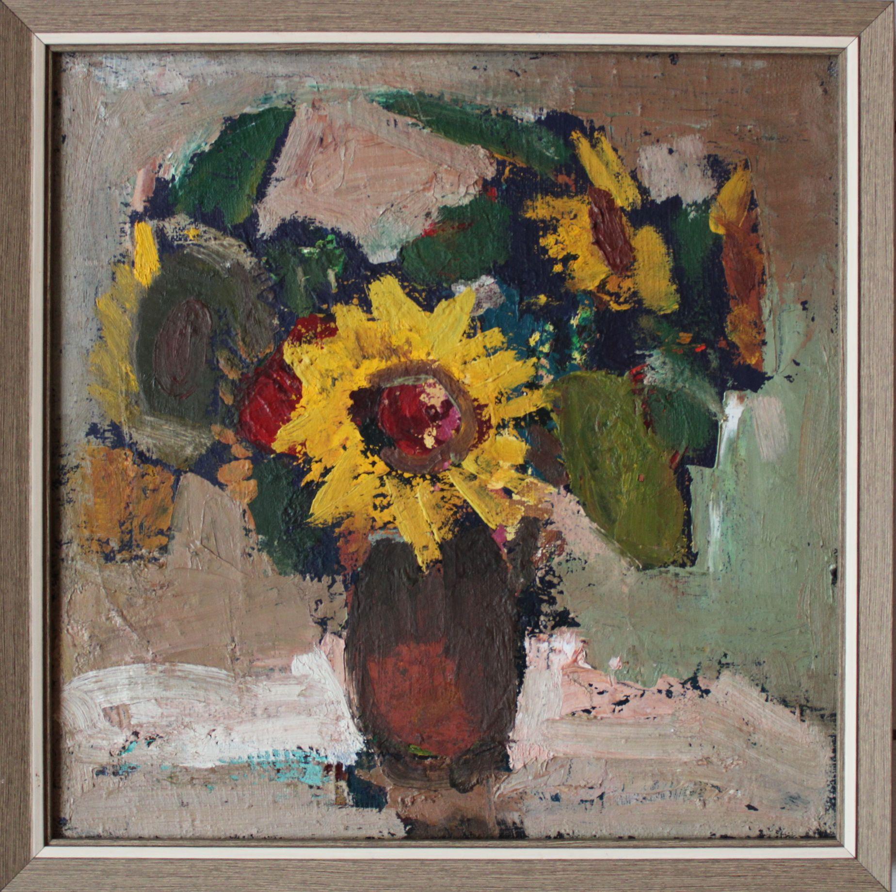 Nature morte aux tournesols. Huile sur carton, 38 x 38 cm - Expressionnisme abstrait Painting par Aleksandr Rodin (1922-2001)