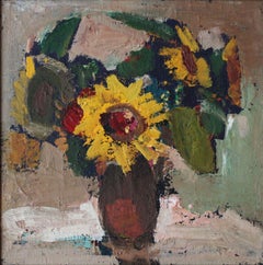 Natura morta con girasoli. Olio su cartone, 38x38 cm