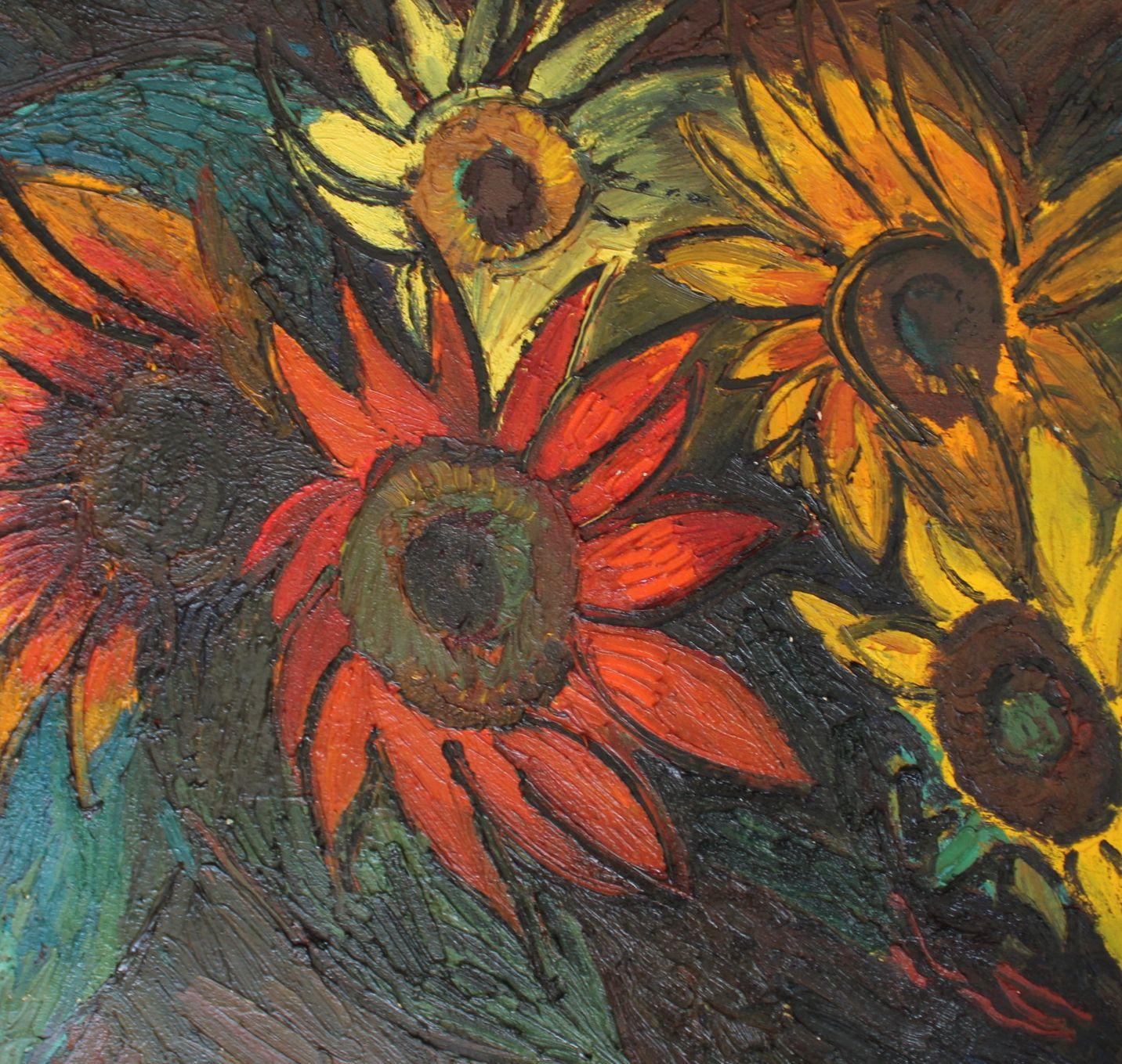 Sunflowers. 1986, oil on canvas, 49x59 cm - Abstract Expressionist Painting by Aleksandr Rodin (1922-2001)