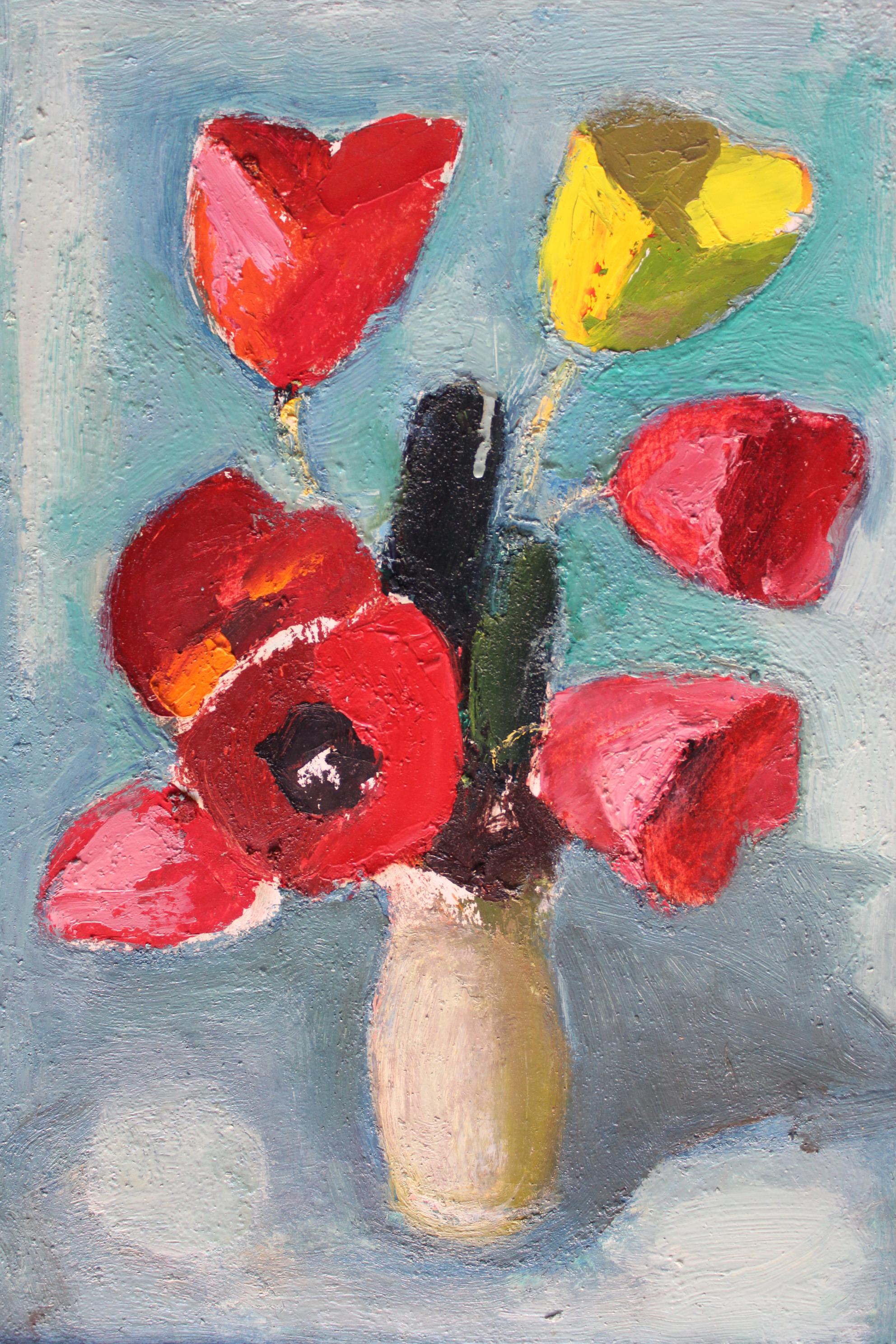 Tulipanes  cartón/óleo, 49x33,5 cm, doble cara, apaisado por el otro lado - Painting de Aleksandr Rodin (1922-2001)