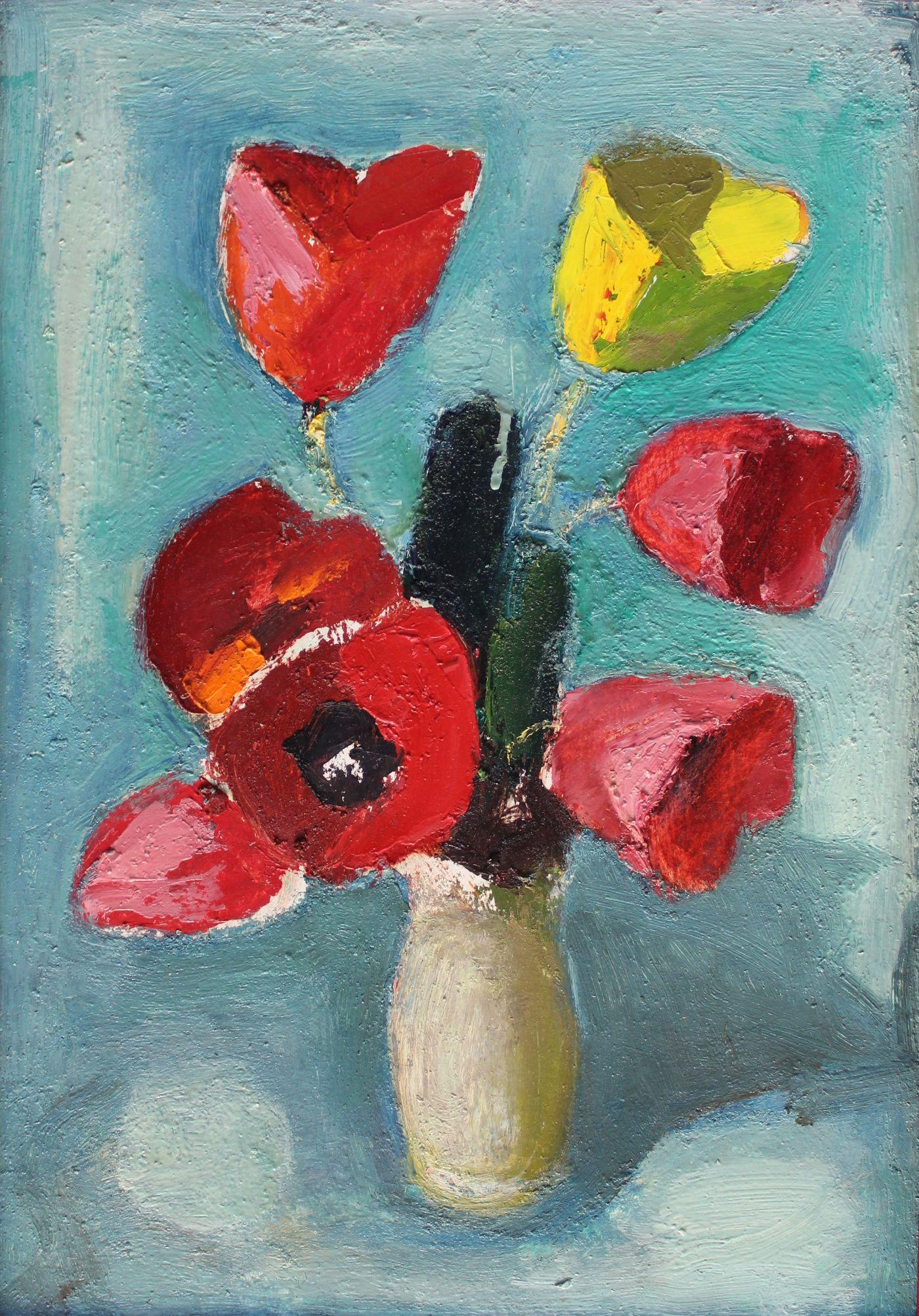Tulipanes  cartón/óleo, 49x33,5 cm, doble cara, apaisado por el otro lado - Still-Life Painting Gris de Aleksandr Rodin (1922-2001)