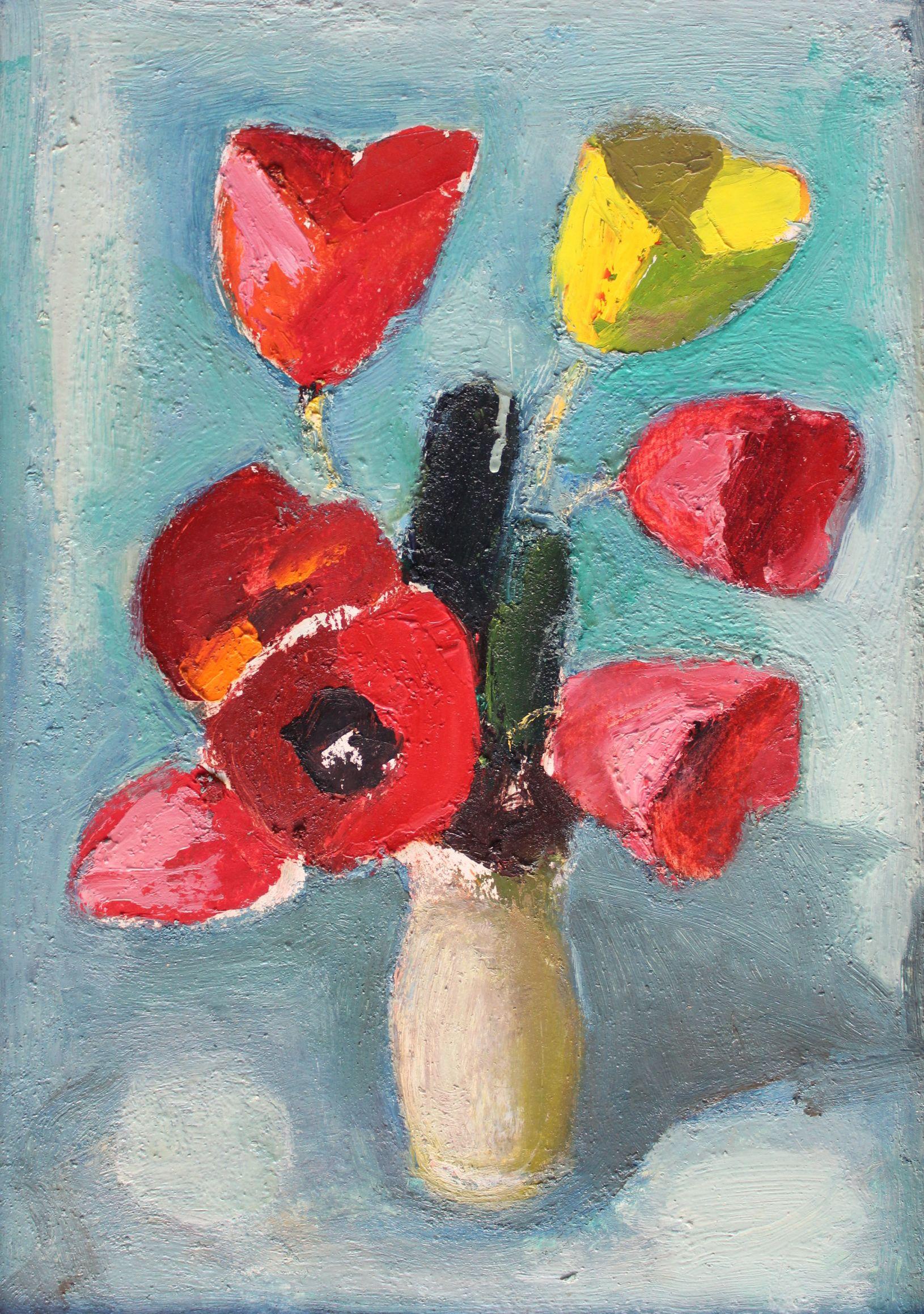 Still-Life Painting de Aleksandr Rodin (1922-2001) - Tulipanes  cartón/óleo, 49x33,5 cm, doble cara, apaisado por el otro lado