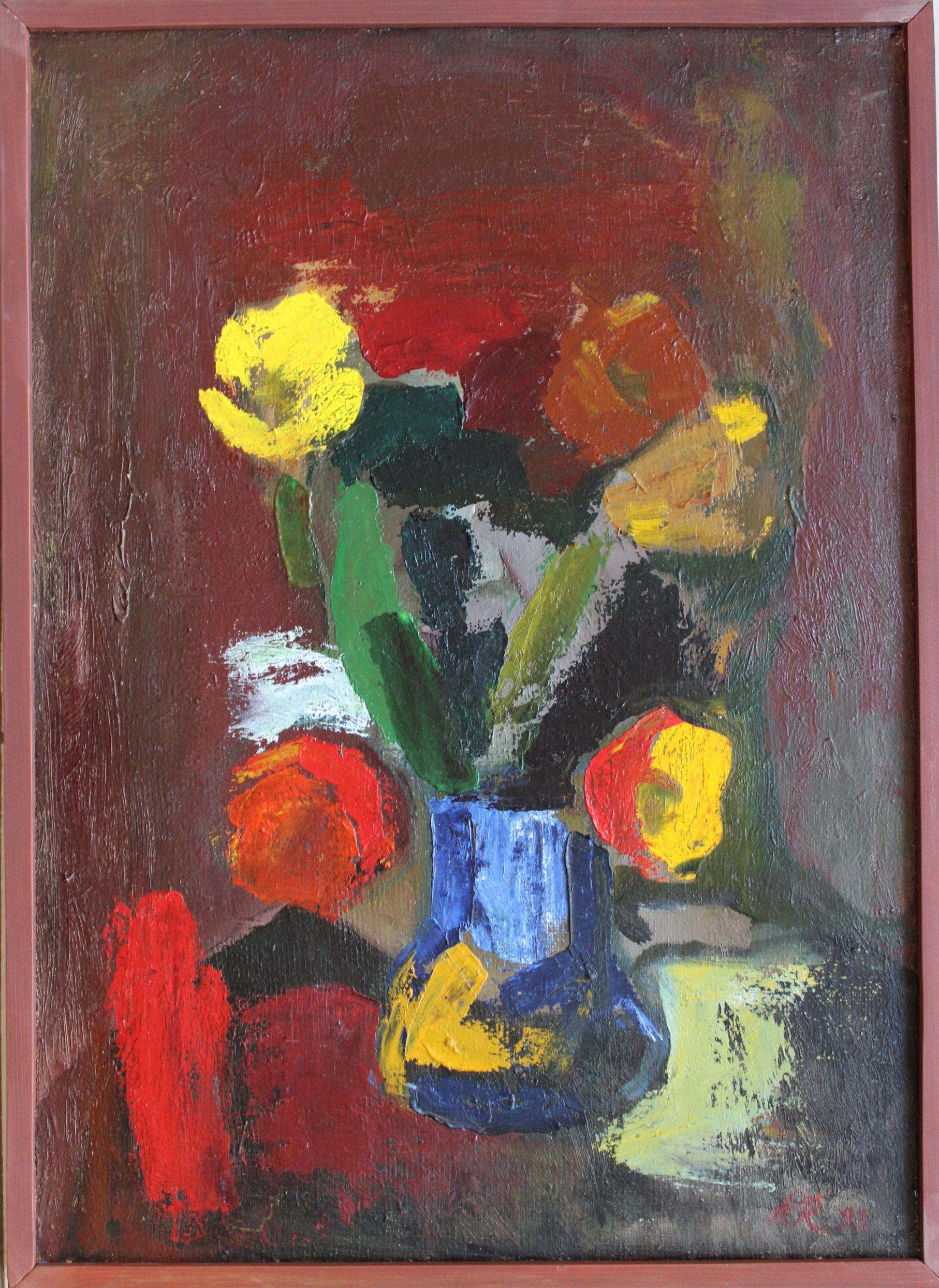 Tulipes  Cardboard/huile, 65 x 47 cm, 1993 - Painting de Aleksandr Rodin (1922-2001)