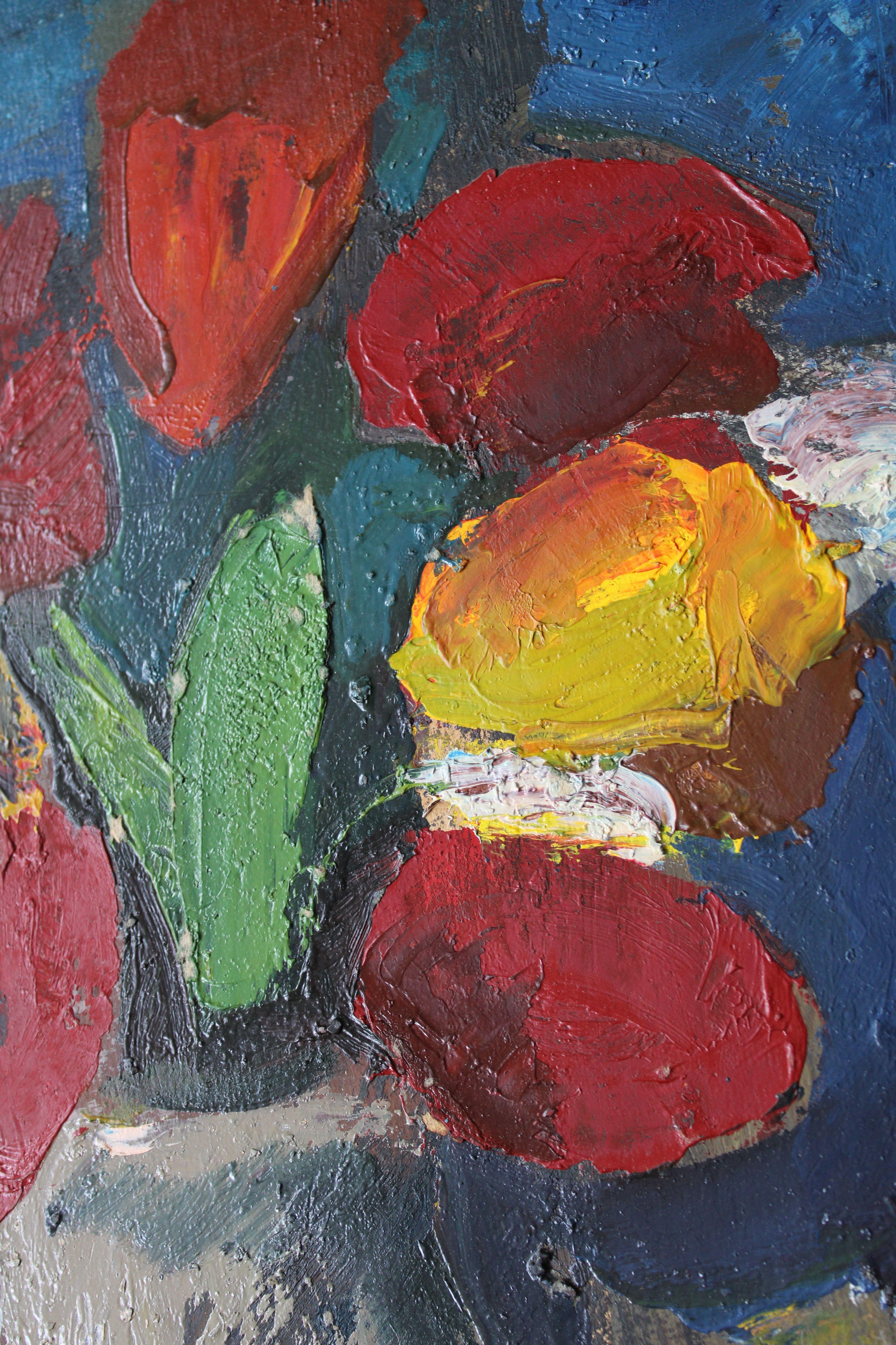 Tulipani in vaso #2. Olio su cartone, 50 x 40 cm - Painting di Aleksandr Rodin (1922-2001)