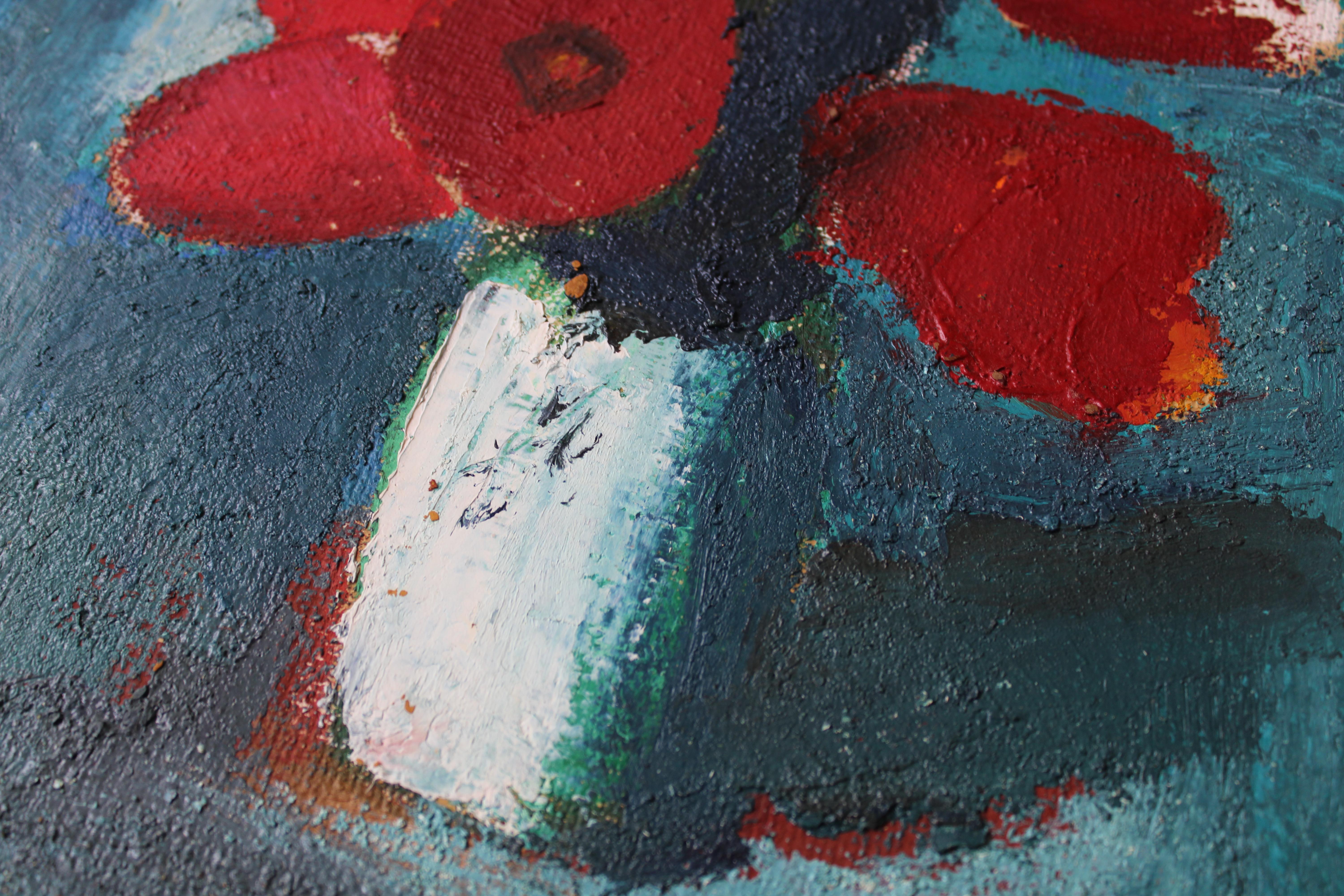 Tulipanes en un jarrón #3  Óleo sobre cartón, 45 x 31 cm - Painting de Aleksandr Rodin (1922-2001)