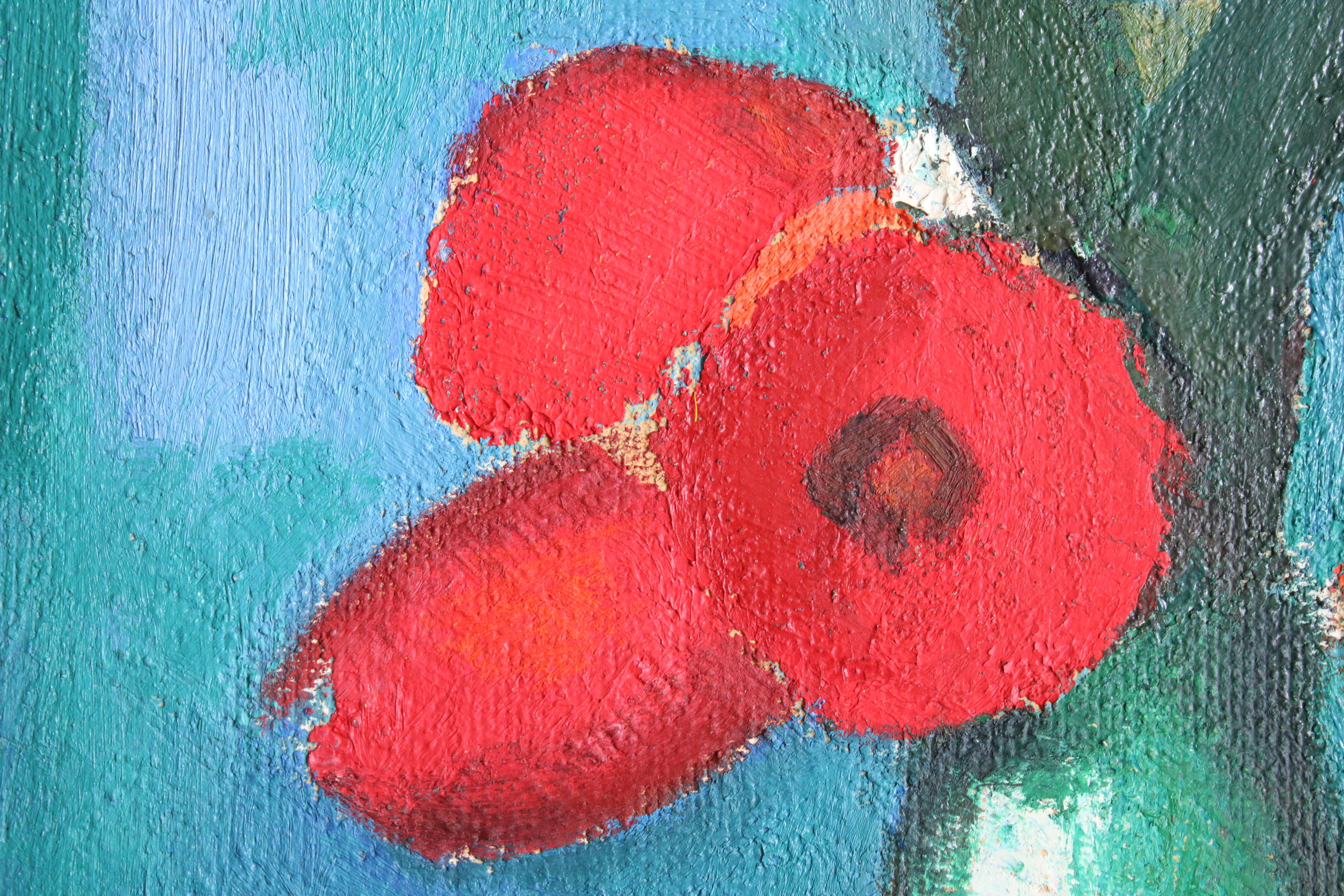 Tulipanes en un jarrón. Óleo sobre cartón, 45 x 30 cm - Painting de Aleksandr Rodin (1922-2001)