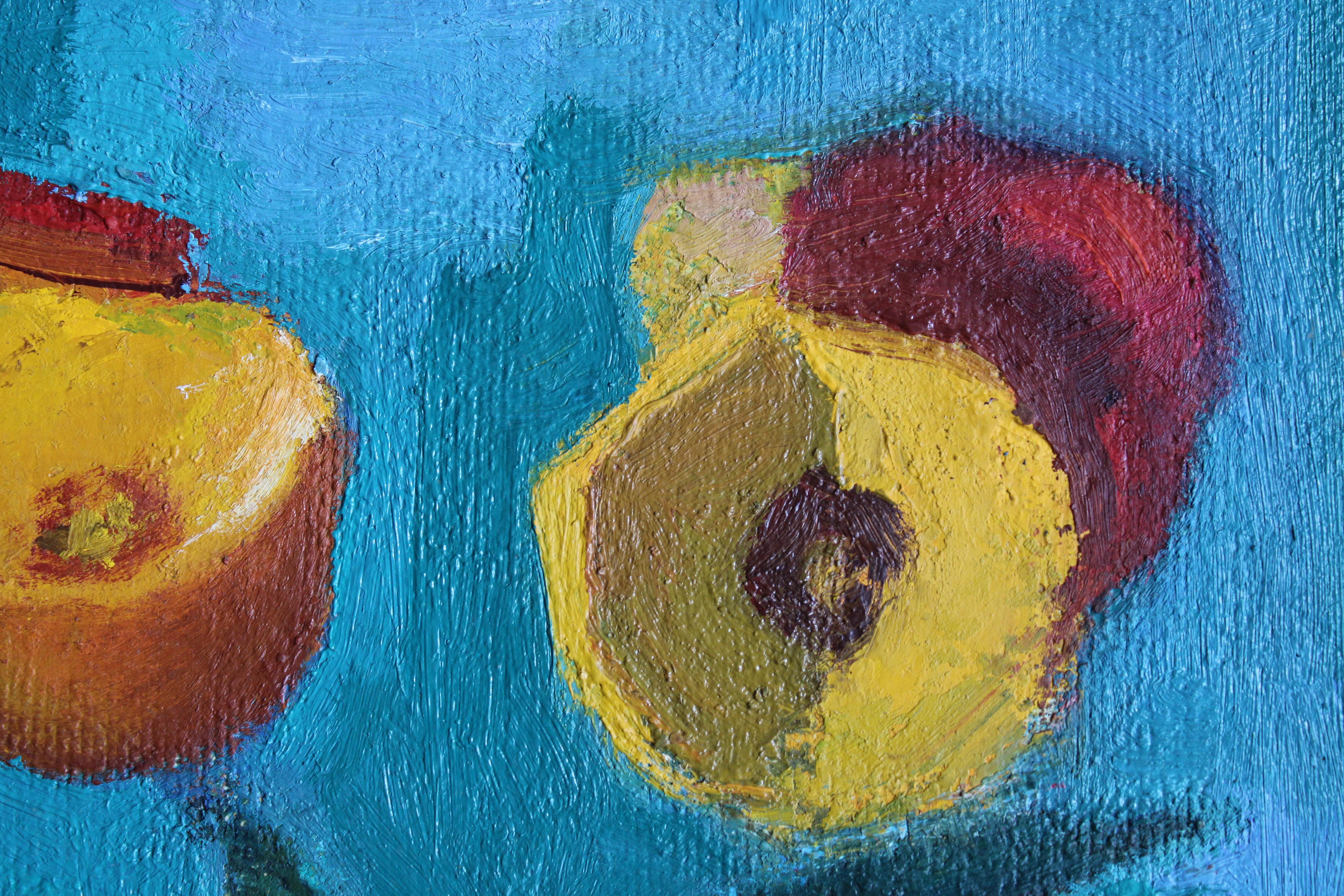 Tulipanes en un jarrón. Óleo sobre cartón, 45 x 30 cm - Abstract Painting Azul de Aleksandr Rodin (1922-2001)