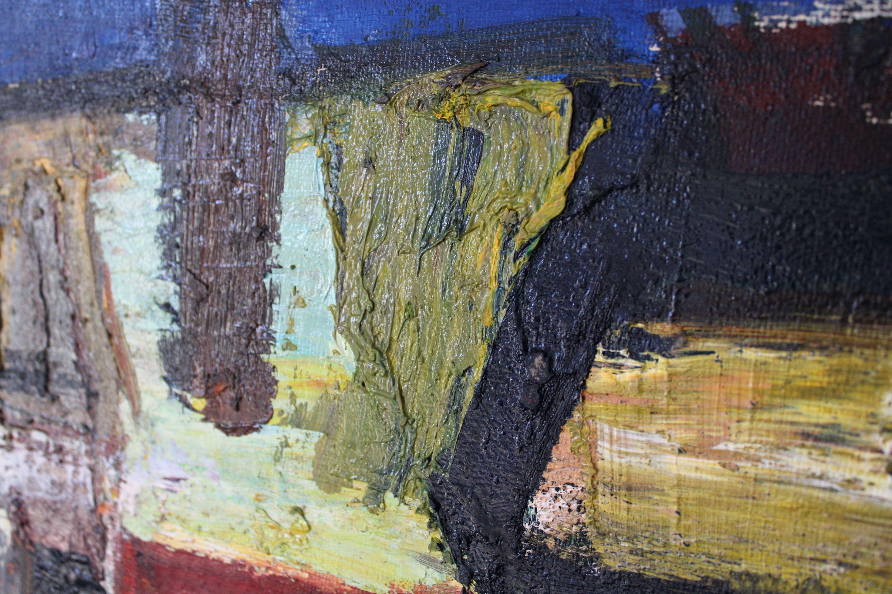 Dorf. Öl auf Tafel, 74 x 85 cm, Öl (Grau), Abstract Painting, von Aleksandr Rodin (1922-2001)