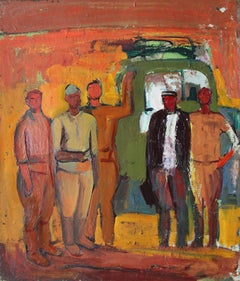 Workers and green tractor