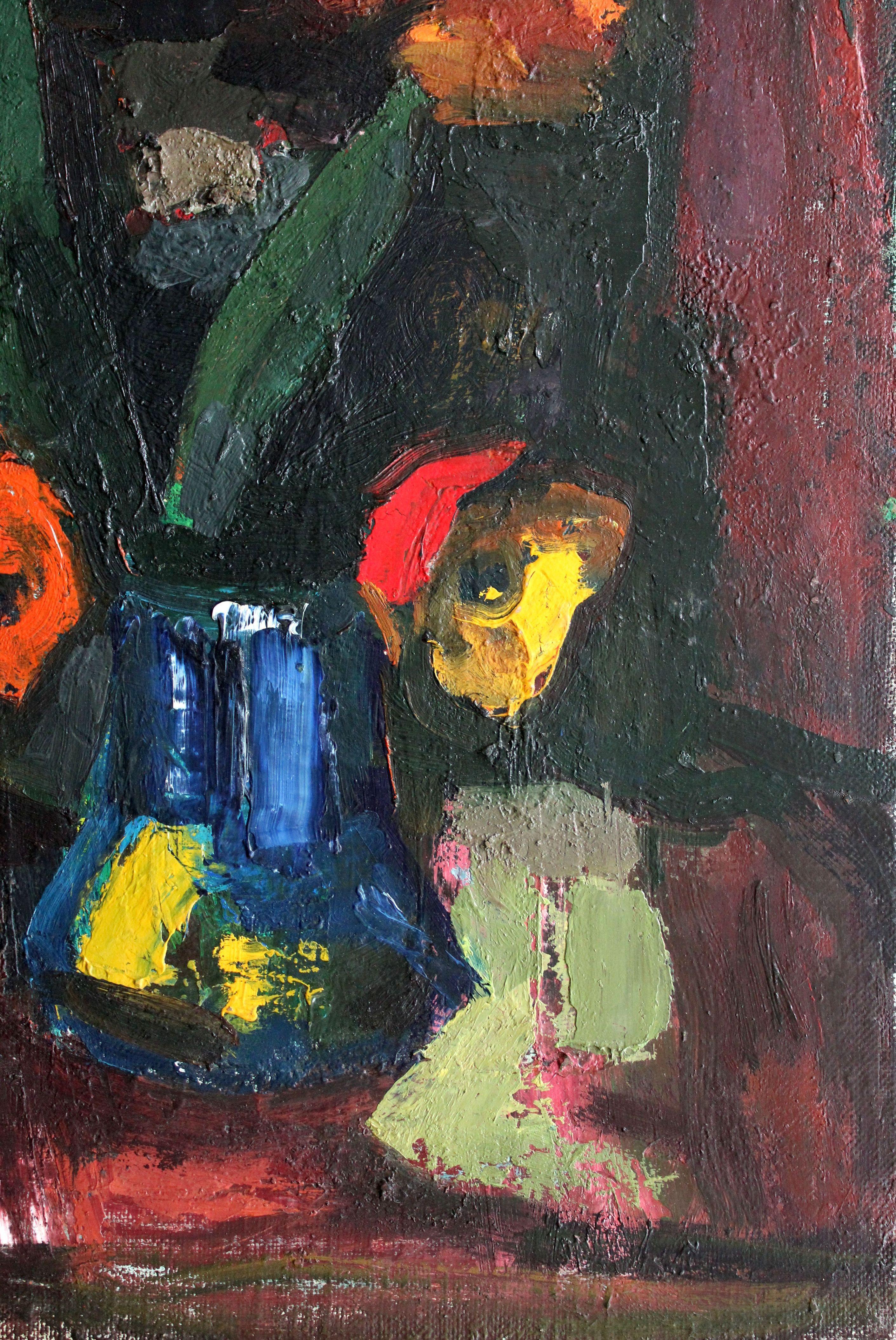 Flowers. Canvas, cardboard, oil, 69x50 cm - Expressionist Painting by Aleksandr Rodin