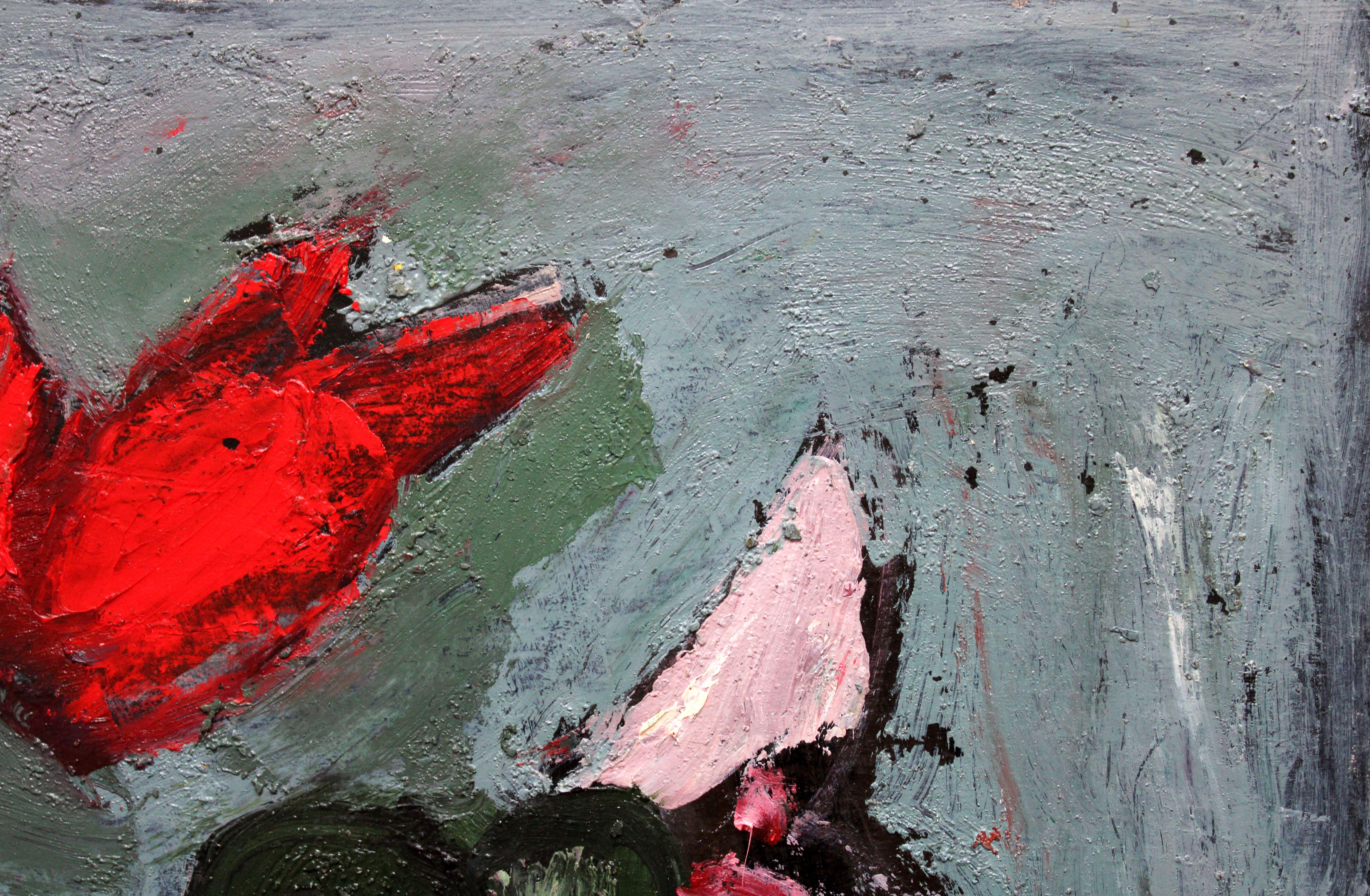 Flowers. Oil on cardboard, 40x50 cm - Gray Abstract Painting by Aleksandr Rodin