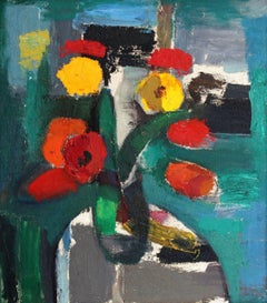 Vintage Still life with tulips. Cardboard, oil, 85x74 cm