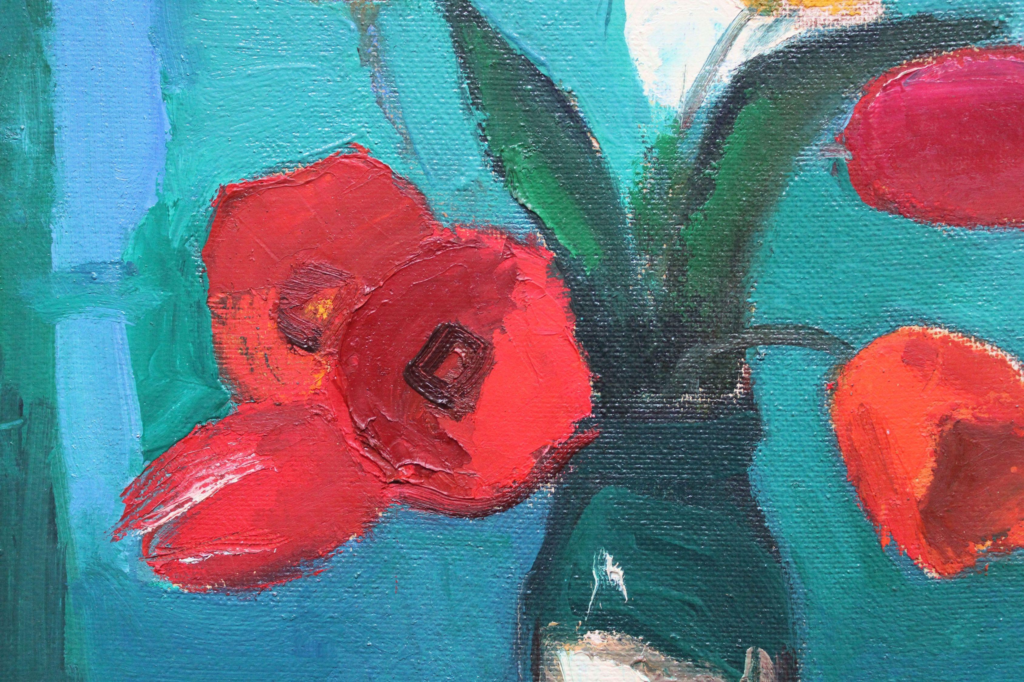 Tulips on a turquoise background. Oil on cardboard, 47 x 45, 5 cm - Painting by Aleksandr Rodin