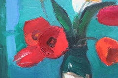 Tulipanes sobre fondo turquesa. Óleo sobre cartón, 47 x 45, 5 cm