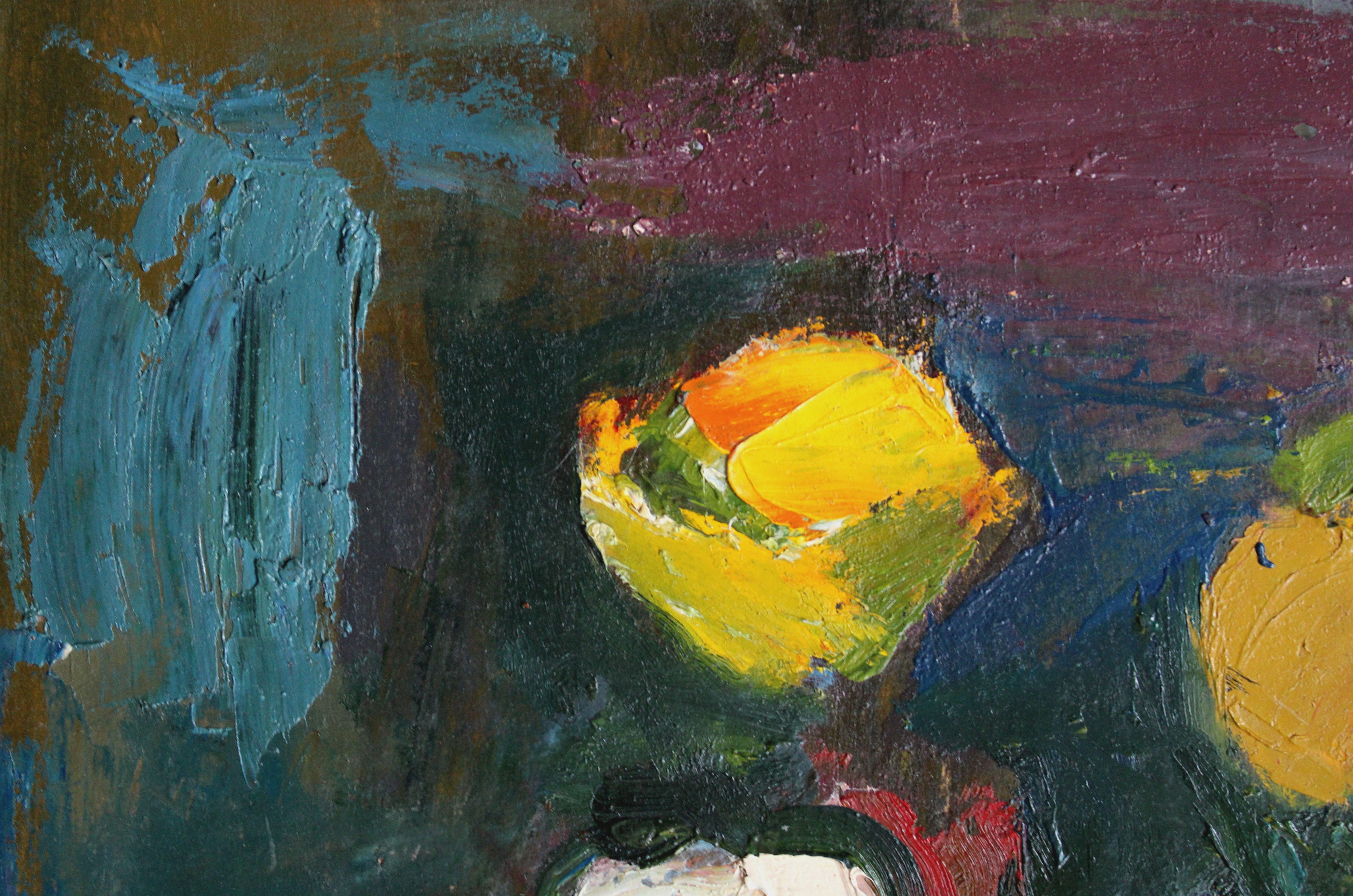 Tulips with pear. Oil on cardboard, 50x40 cm - Expressionist Painting by Aleksandr Rodin