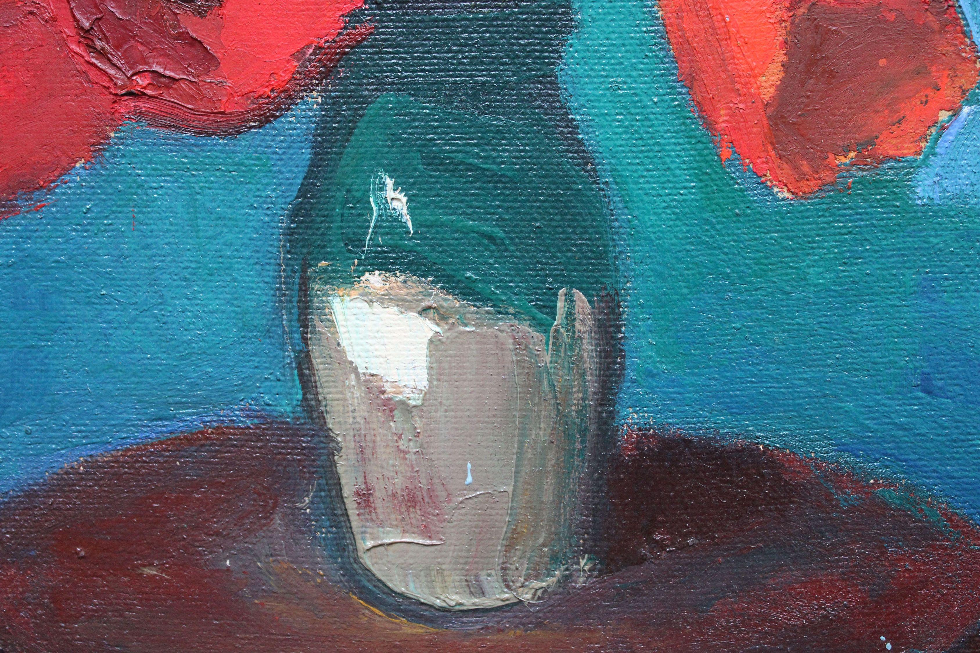 Tulips on a turquoise background. Oil on cardboard, 47 x 45, 5 cm - Expressionist Painting by Aleksandr Rodin