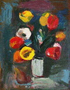 Tulipanes con pera. Óleo sobre cartón, 50x40 cm