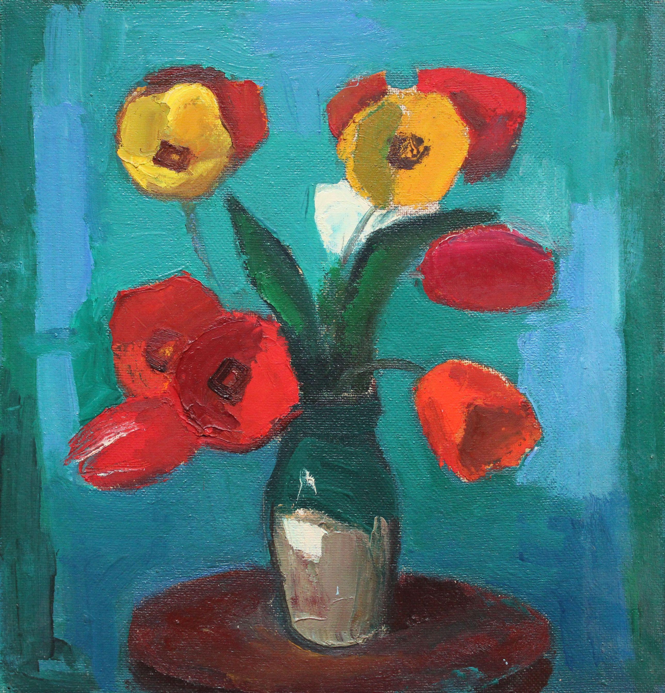 Aleksandr Rodin Abstract Painting - Tulips on a turquoise background. Oil on cardboard, 47 x 45, 5 cm