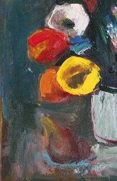 Tulips with pear. Oil on cardboard, 50x40 cm