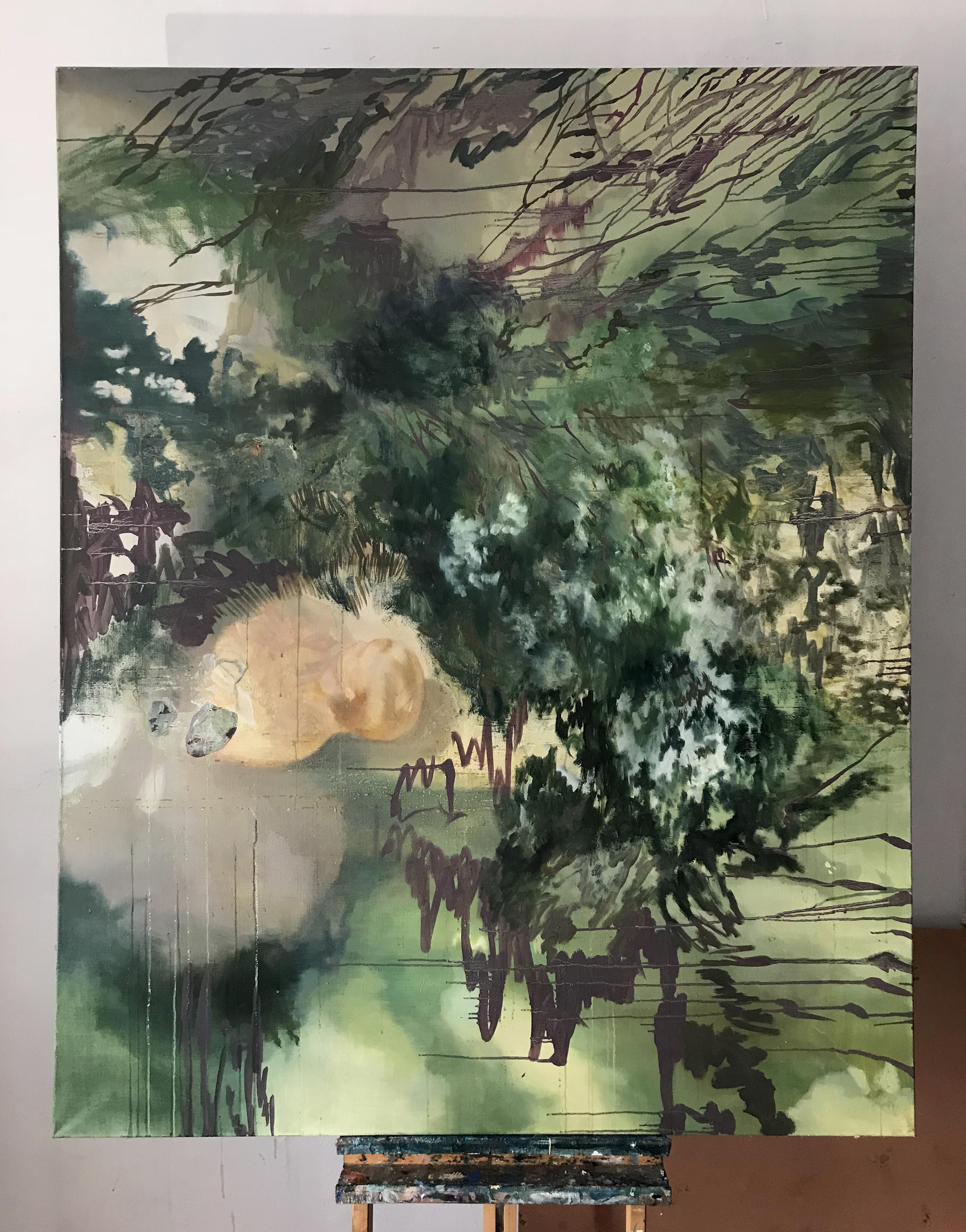 L'enfance -   Peinture à l'huile contemporaine de nature, paysage, portrait d'enfant  - Gris Landscape Painting par Aleksandra Batura
