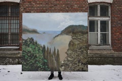 Cyprès - Peinture à l'huile contemporaine de grande taille représentant une nature, paysage et baie de mer