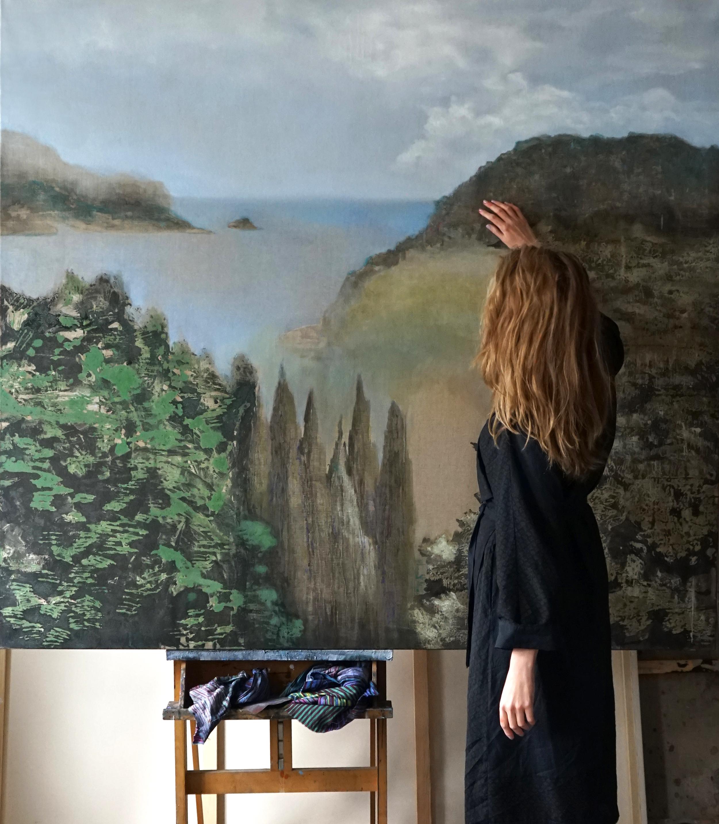 Cipreses - Pintura al óleo de naturaleza contemporánea de gran formato, paisaje, bahía marina en venta 1