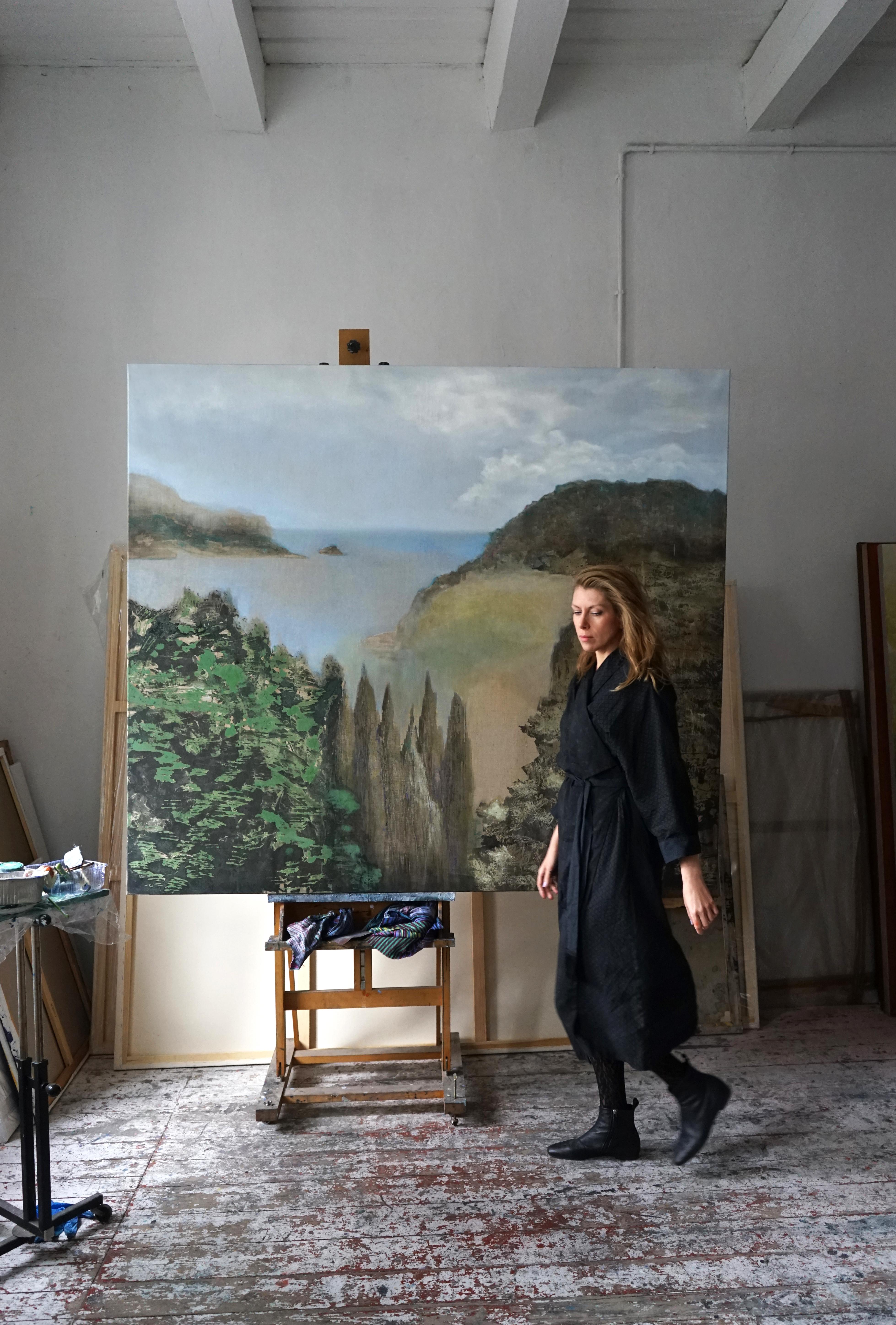 Cipreses - Pintura al óleo de naturaleza contemporánea de gran formato, paisaje, bahía marina en venta 3