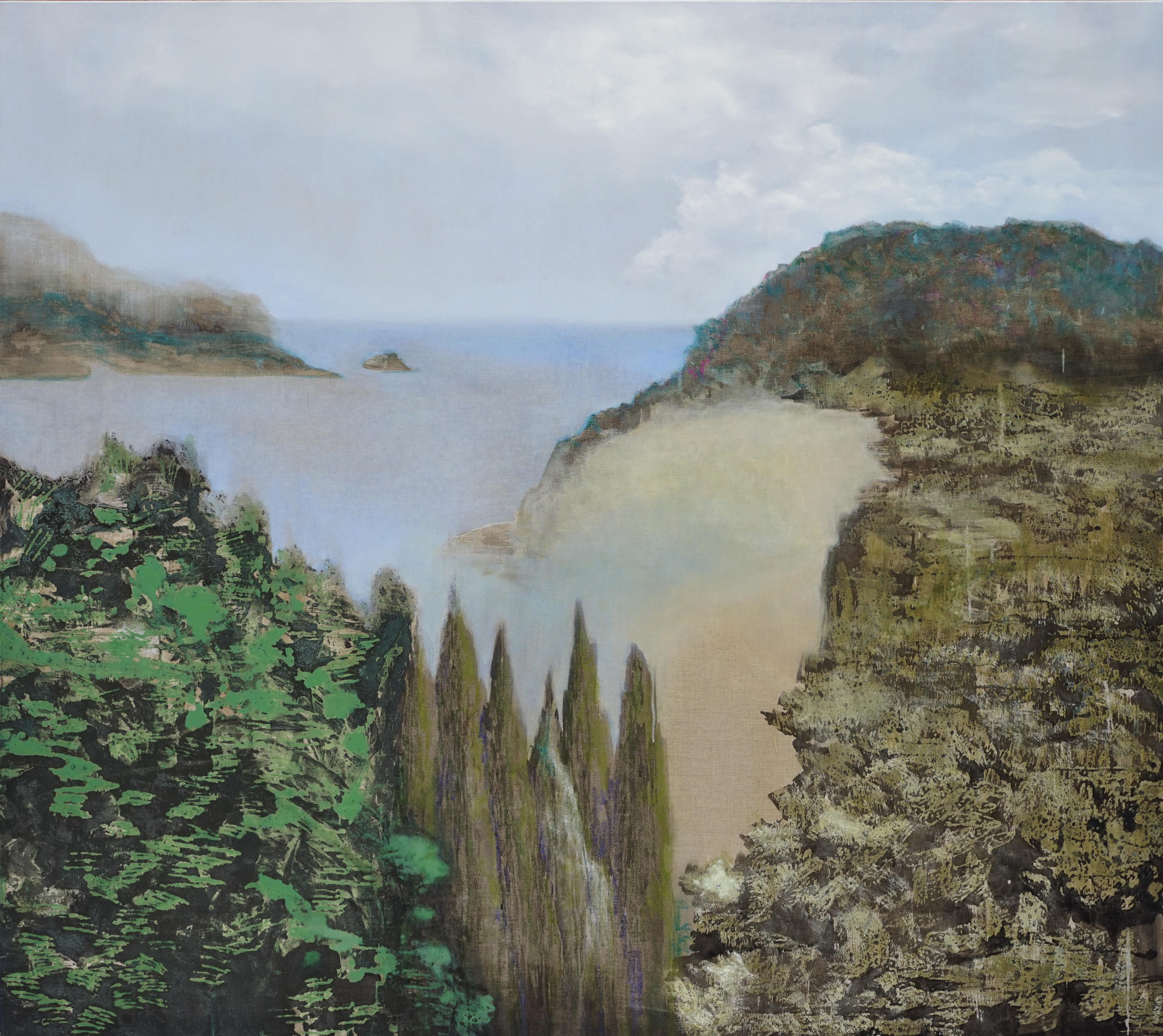 Zypressen – Großformatiges zeitgenössisches Nature-Ölgemälde, Landschaft, Meeresbucht