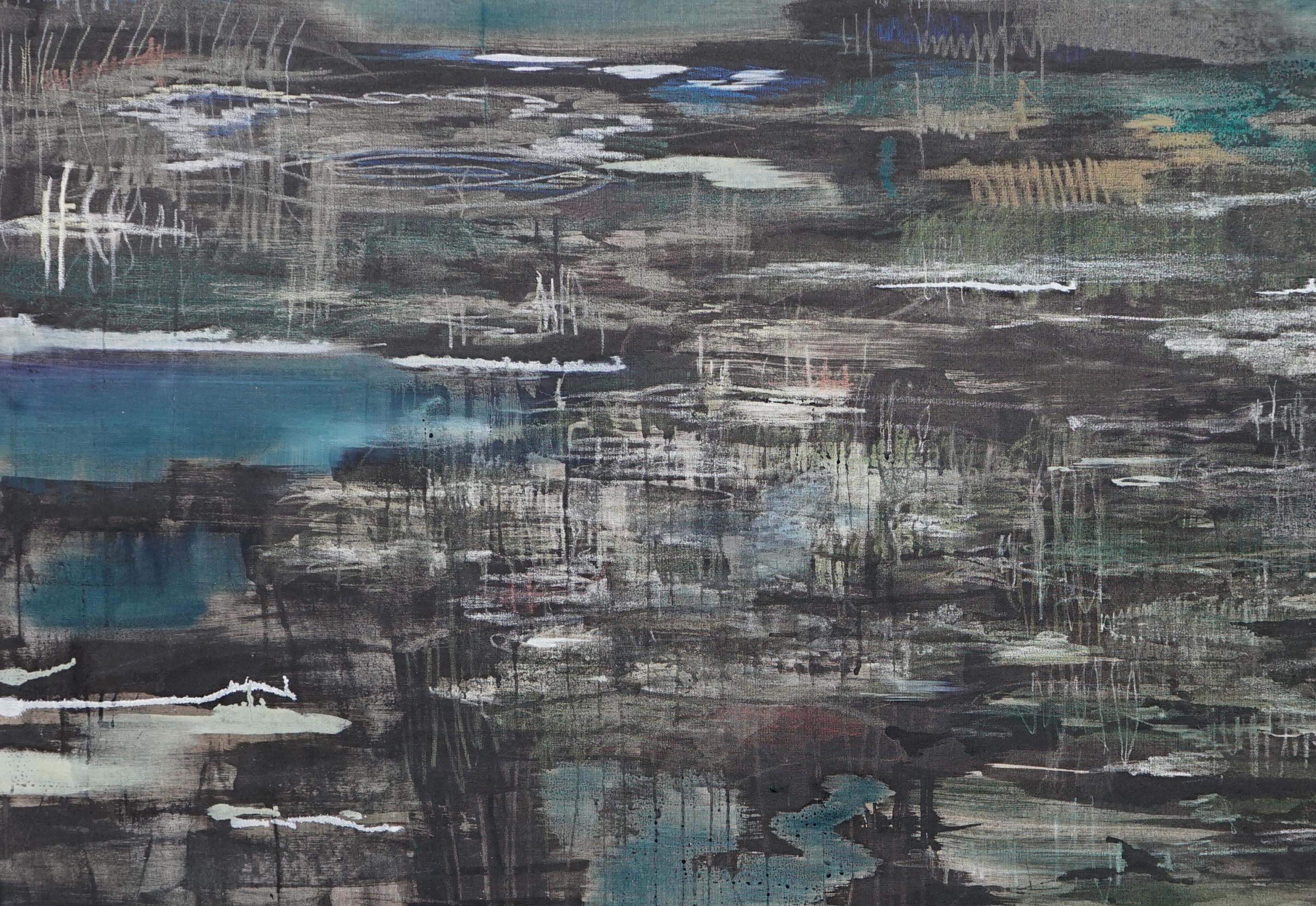 Banc sur la rivière - Peinture contemporaine de nature de grand format, paysage - Painting de Aleksandra Batura