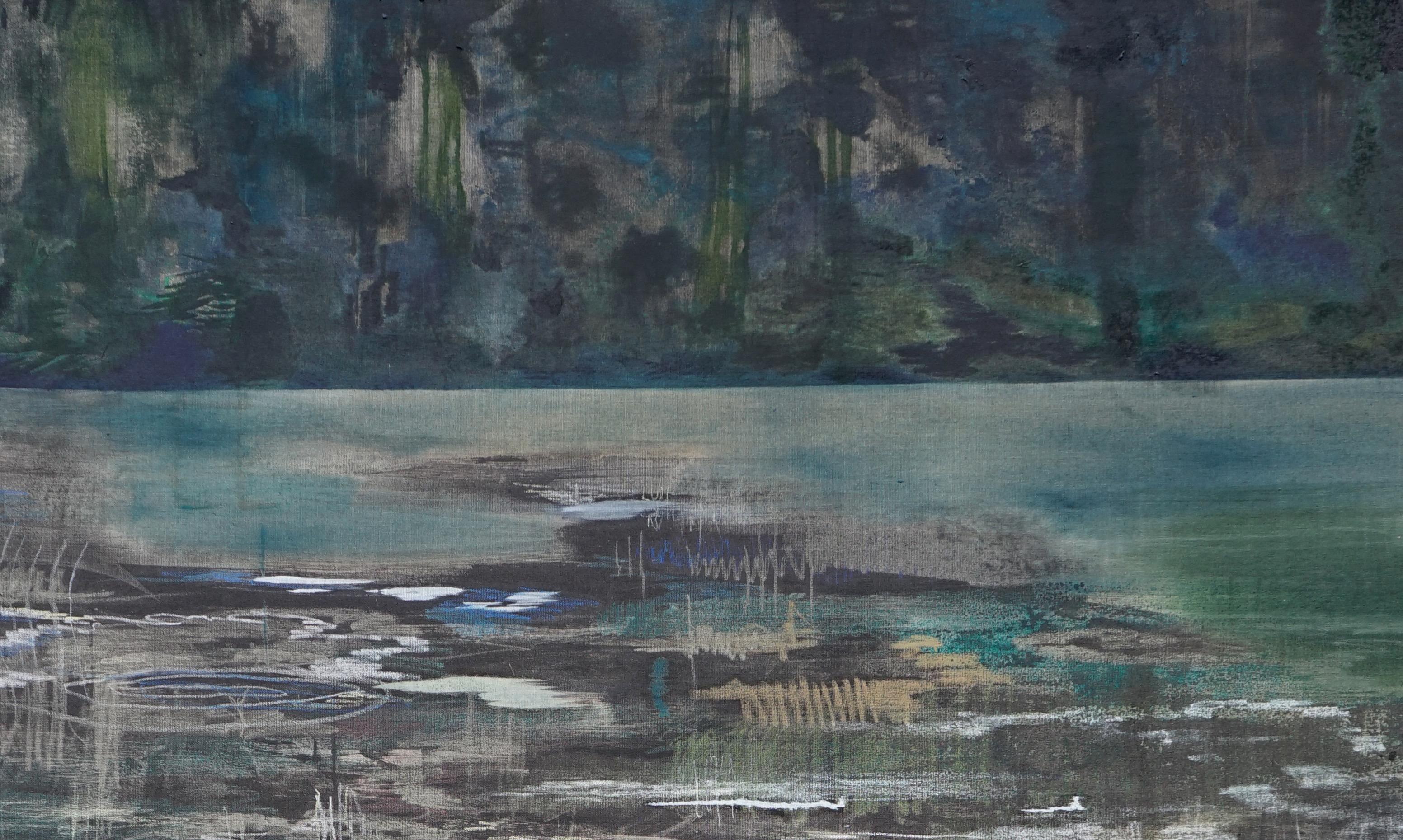 Banc sur la rivière - Peinture contemporaine de nature de grand format, paysage - Contemporain Painting par Aleksandra Batura