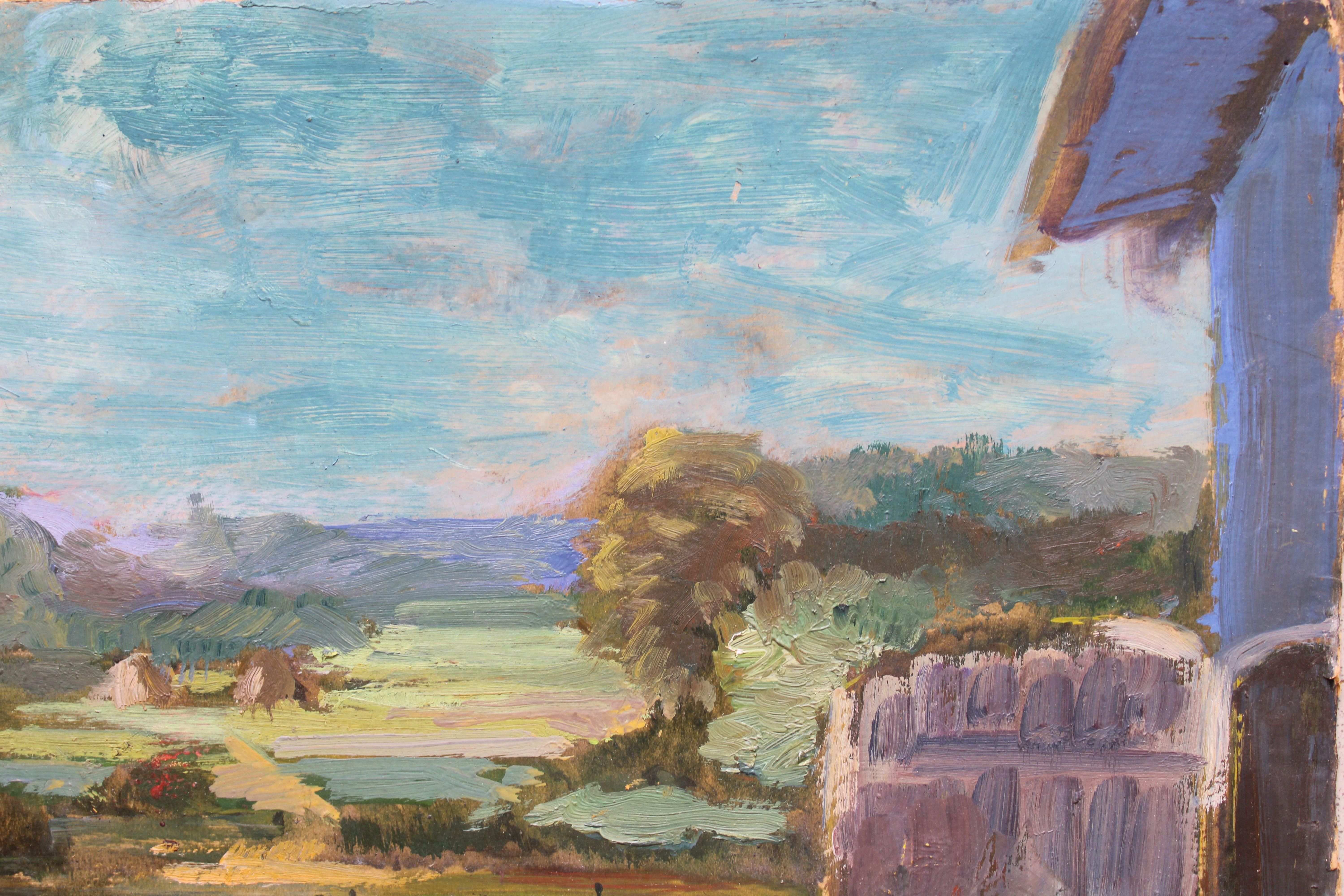 Derrière la grange  1950s. Huile sur carton. 42,5 x 49,5 cm - Painting de Aleksandra Belcova