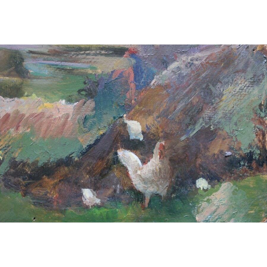 Detrás del granero. 1950s. Óleo sobre cartón. 42,5x49,5 cm - Painting de Aleksandra Belcova
