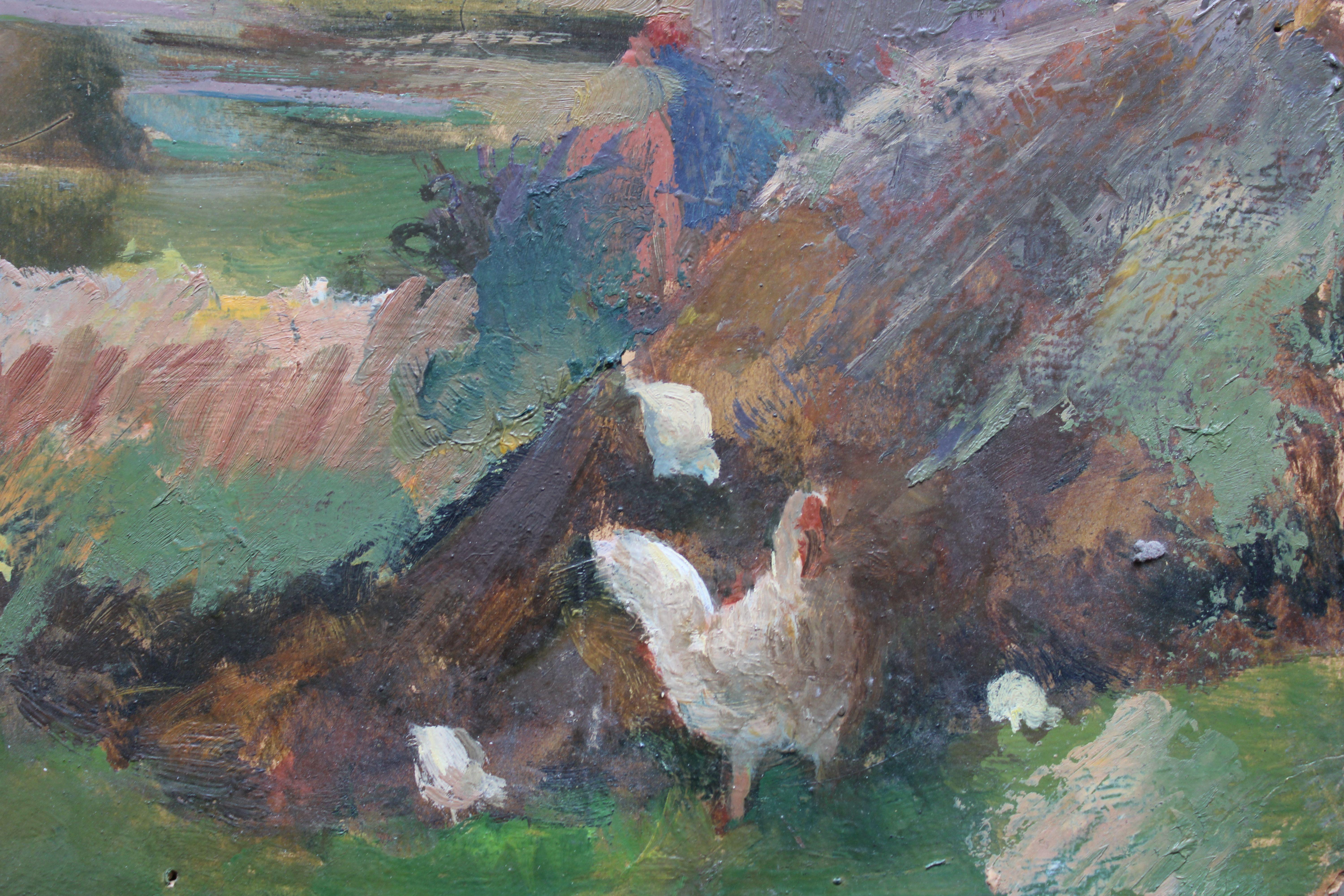 Behind the barn  1950s. Oil on cardboard. 42.5x49.5 cm - Impressionist Painting by Aleksandra Belcova