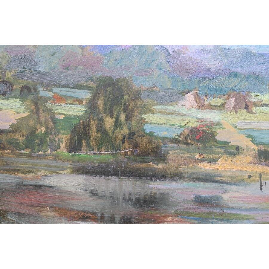 Detrás del granero. 1950s. Óleo sobre cartón. 42,5x49,5 cm - Landscape Painting Gris de Aleksandra Belcova