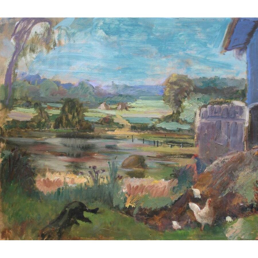 Derrière la grange. 1950s. Huile sur carton. 42,5 x 49,5 cm