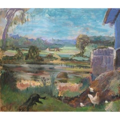 Derrière la grange. 1950s. Huile sur carton. 42,5 x 49,5 cm