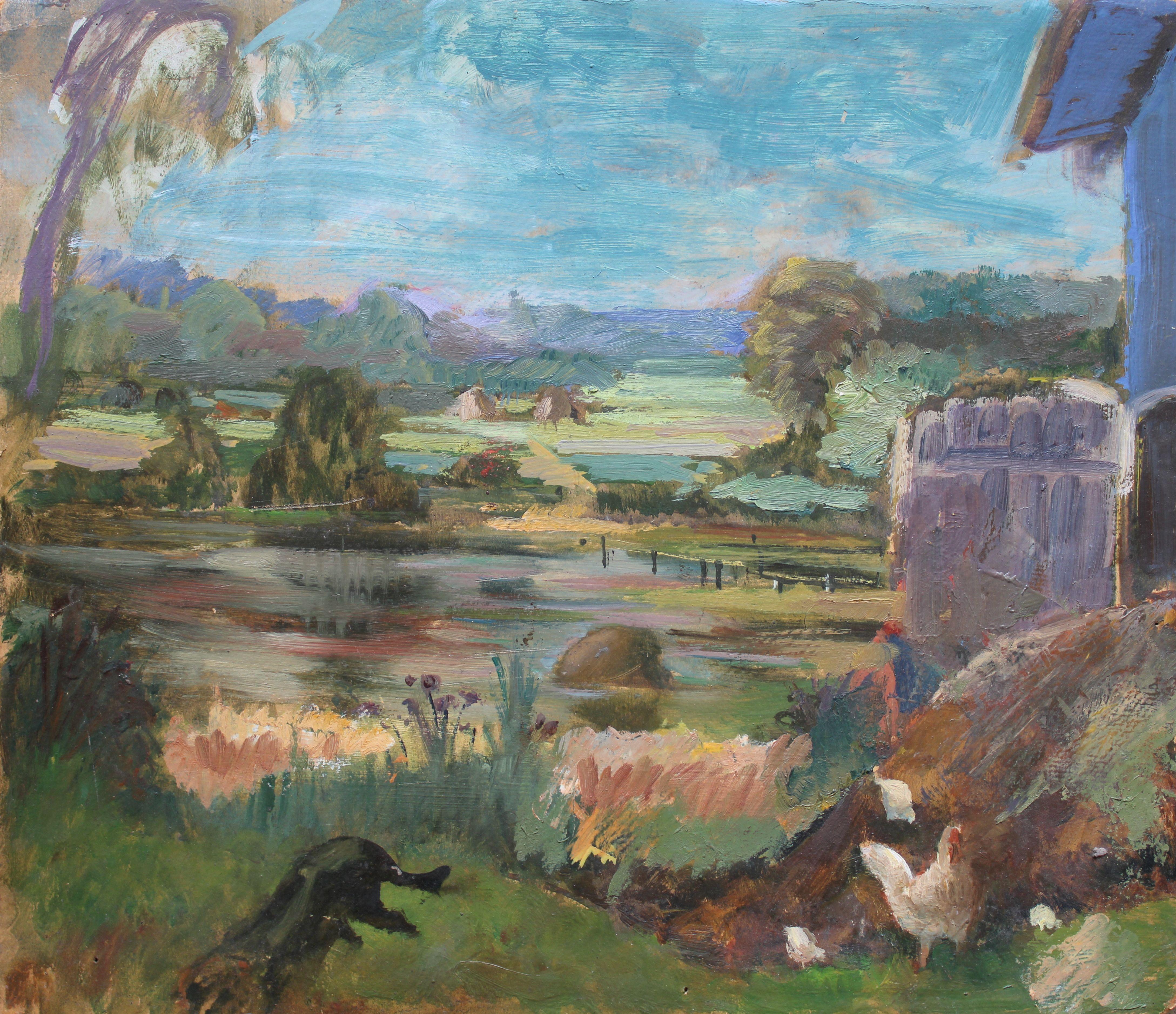 Landscape Painting Aleksandra Belcova - Derrière la grange  1950s. Huile sur carton. 42,5 x 49,5 cm