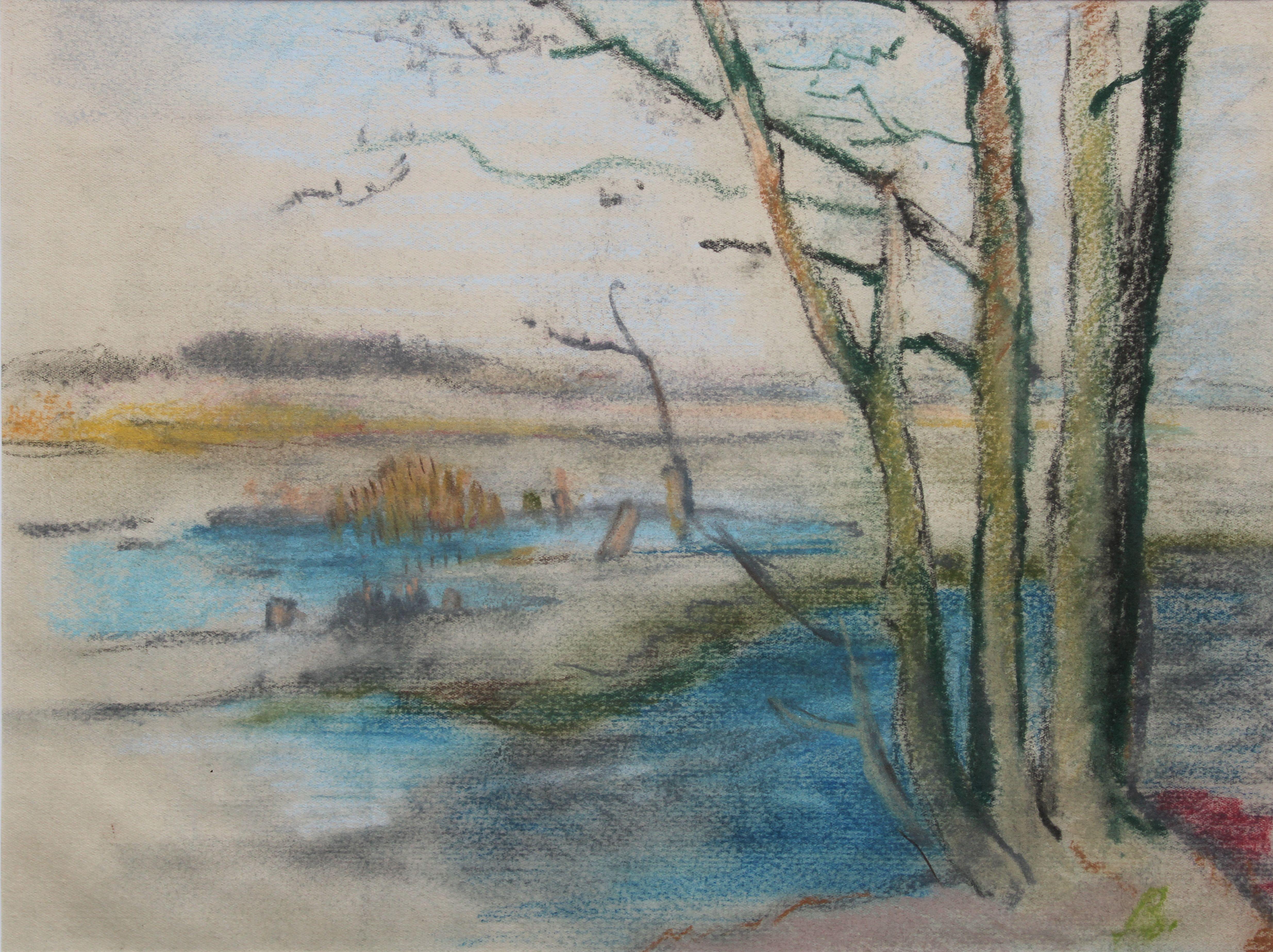Aleksandra Belcova Landscape Painting - Flooded river  1950s. Paper, pastel. 26.5x35.5 cm